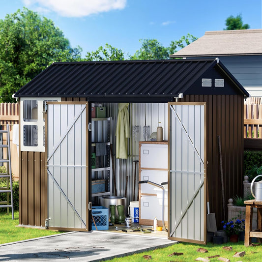 8X6FT Outdoor Steel Storage Shed with Lockable Doors, One Window,Ideal for Garden, Backyard, Patio Storage,Brown