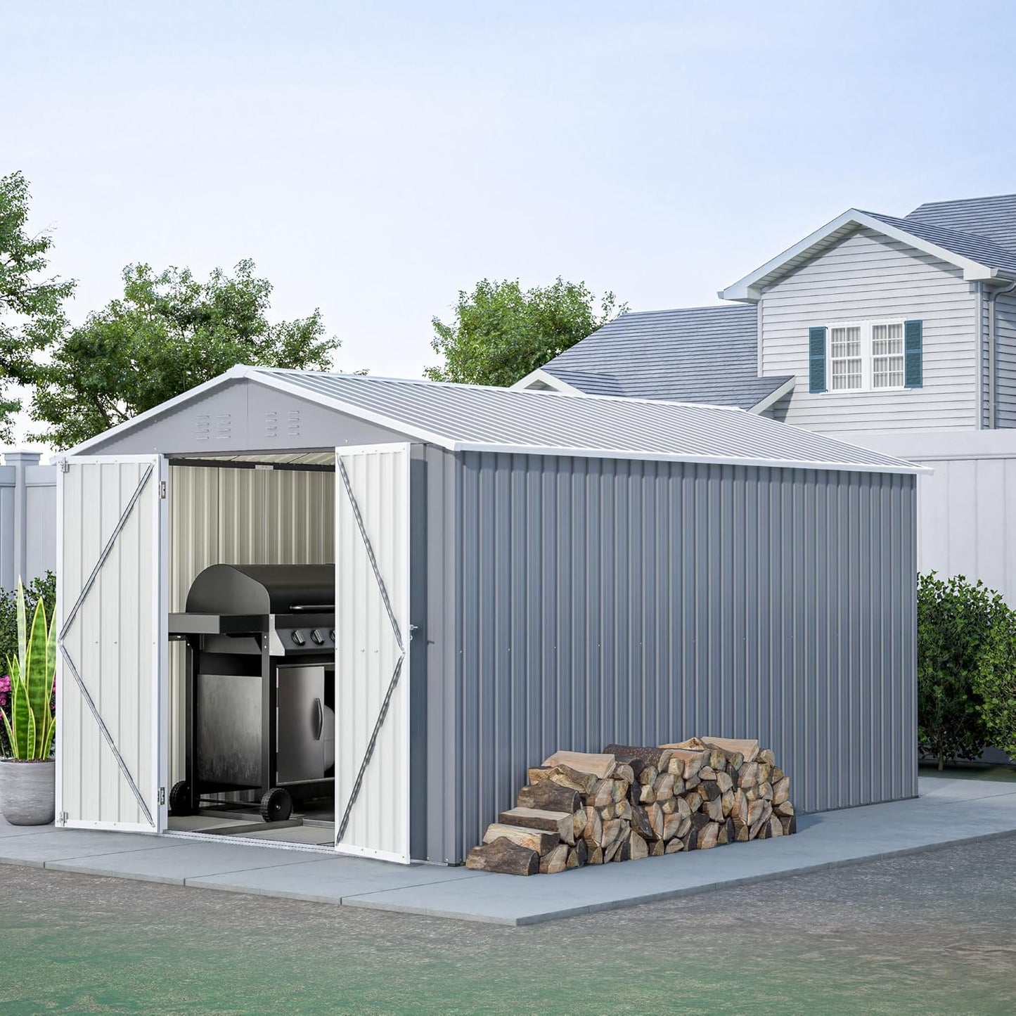 8x12 FT Outdoor Storage Shed,Metal Shed W/Floor,Garden Storage Shed W/ 1 Lockable Hinged Door,All Weather Waterproof Tool House W/ 2 Air Vents & Sloped Roof,for Backyard,Patio,Lawn,Gray
