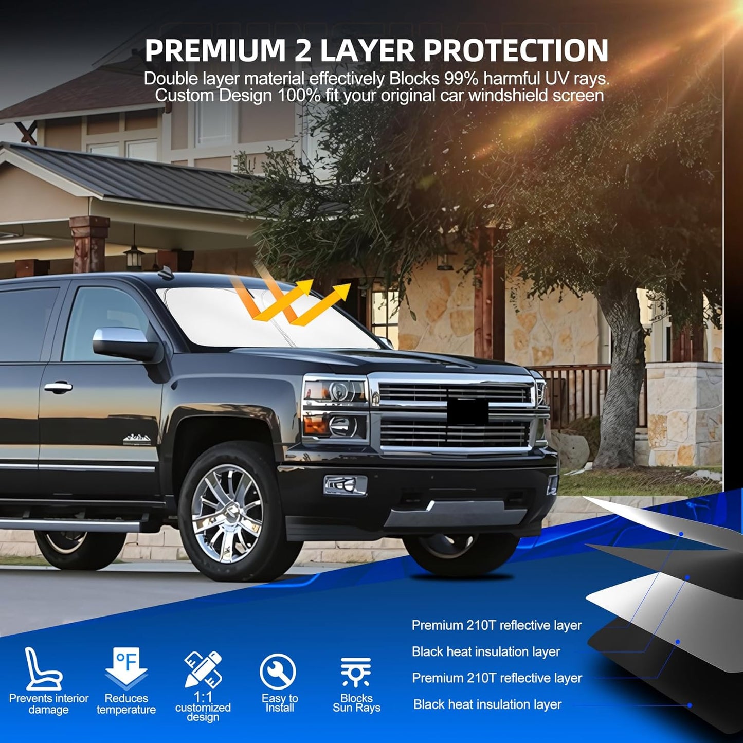 Windshield Sun Shade for Ch-evro-let Silverado 1500 2014-2018 Foldable Sunshade Custom Fit Front Window Car Interior Accessories Protector Blocks UV Rays