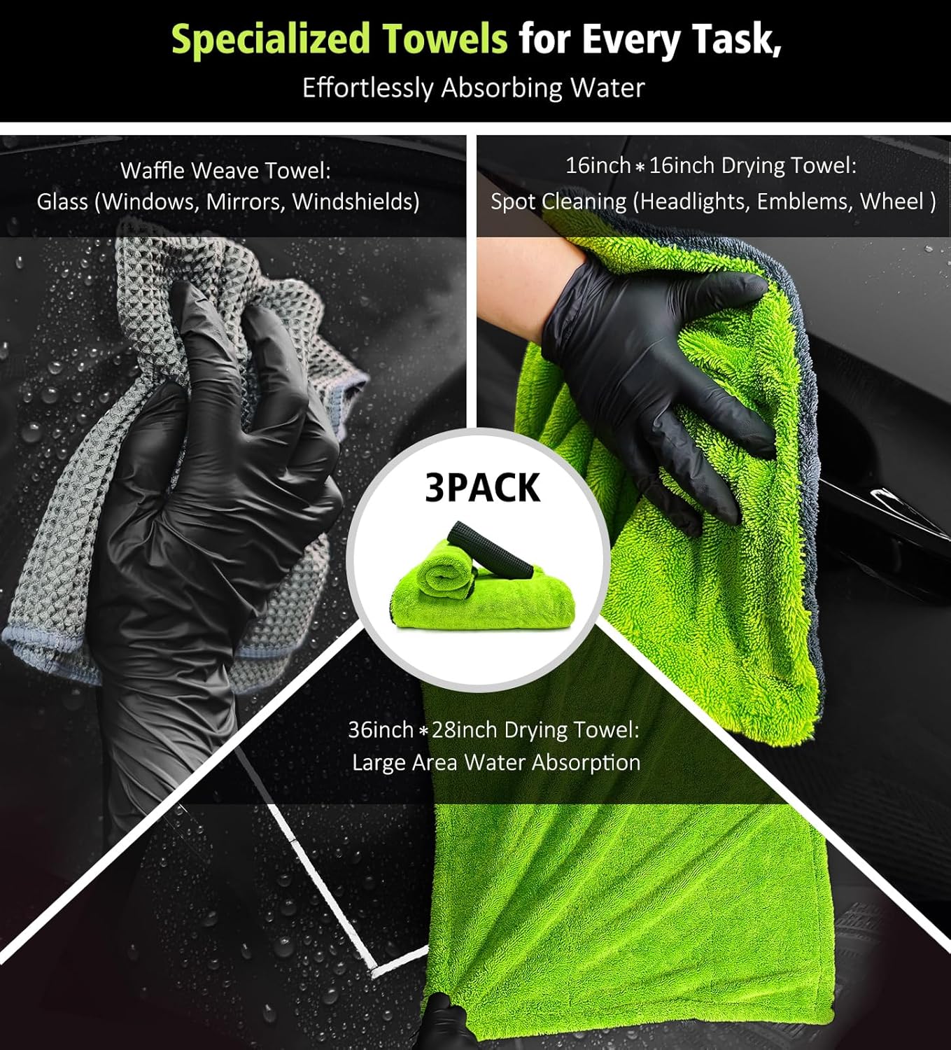 3 Pack Microfiber Towels for Car Detailing, 28" x 36" Extra Large Car Wash Drying Towels 16" x 16" Microfiber Edgeless No Scratches and Waffle Weave Absorbent Cloth for Truck, SUV