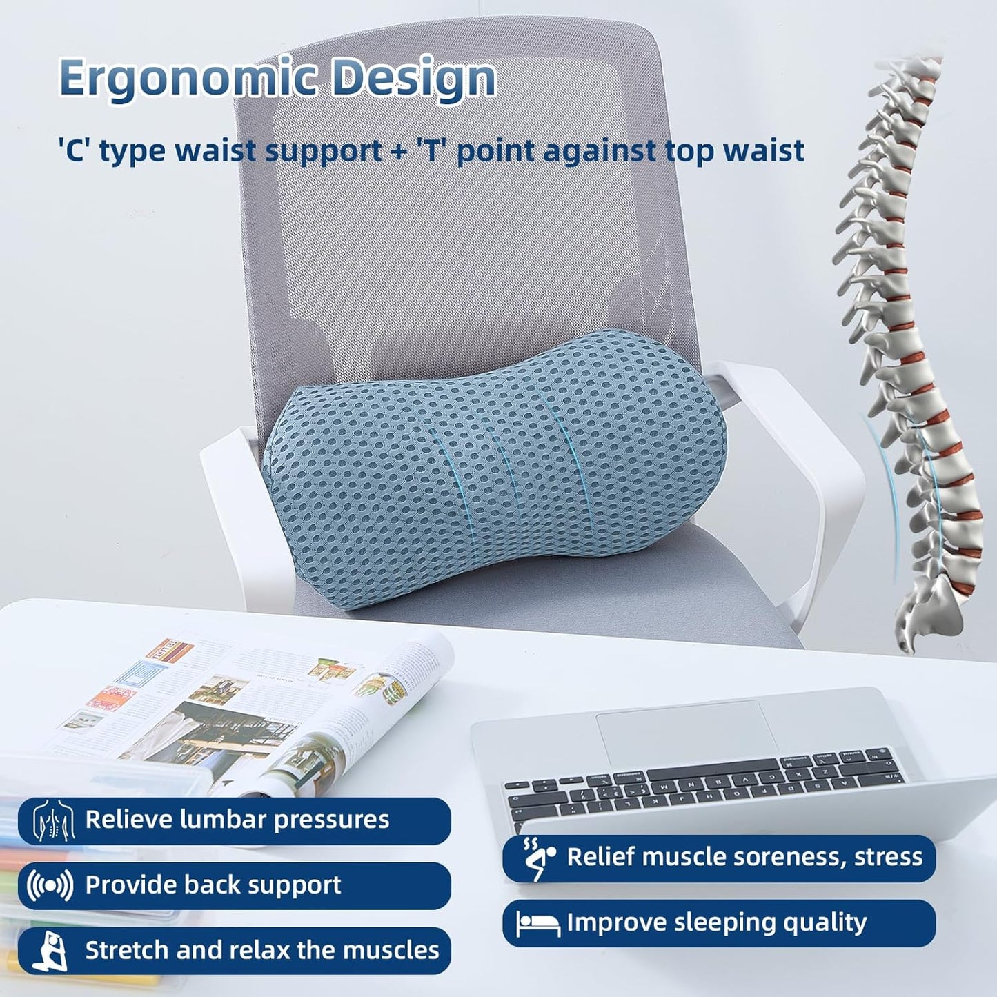 Lumbar Pillow, Memory Foam Lumbar Support Pillow for Office Chair and Car Seat, Ergonomic Streamline Back Pillow for Lower Back Pain Relief, Back Support Pillow for Sitting, Driving, Traveling