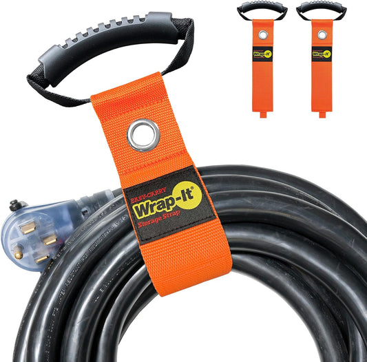 Easy-Carry Wrap-It Storage Straps - 22” (2-Pack) Blaze Orange with Grommet - Extension Cord Storage Holders and Carrying Straps for Garden Hose Storage
