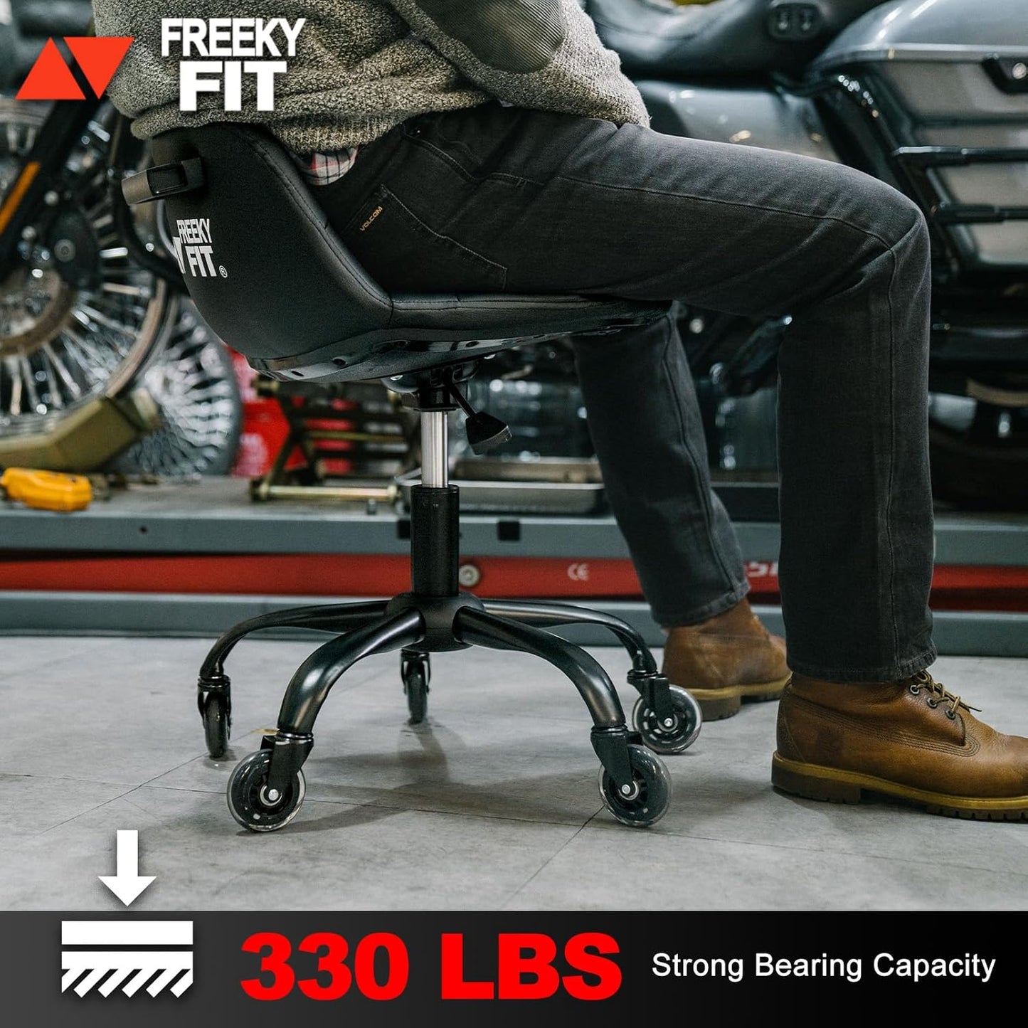 Rolling Stool with Wheels, Garage Shop Stool with Backrest, Roller Seat with Pneumatic Adjustable Height 16.93"-19.69", Heavy Duty Multi-Purpose Chair for Shop Salon Office Home, Black