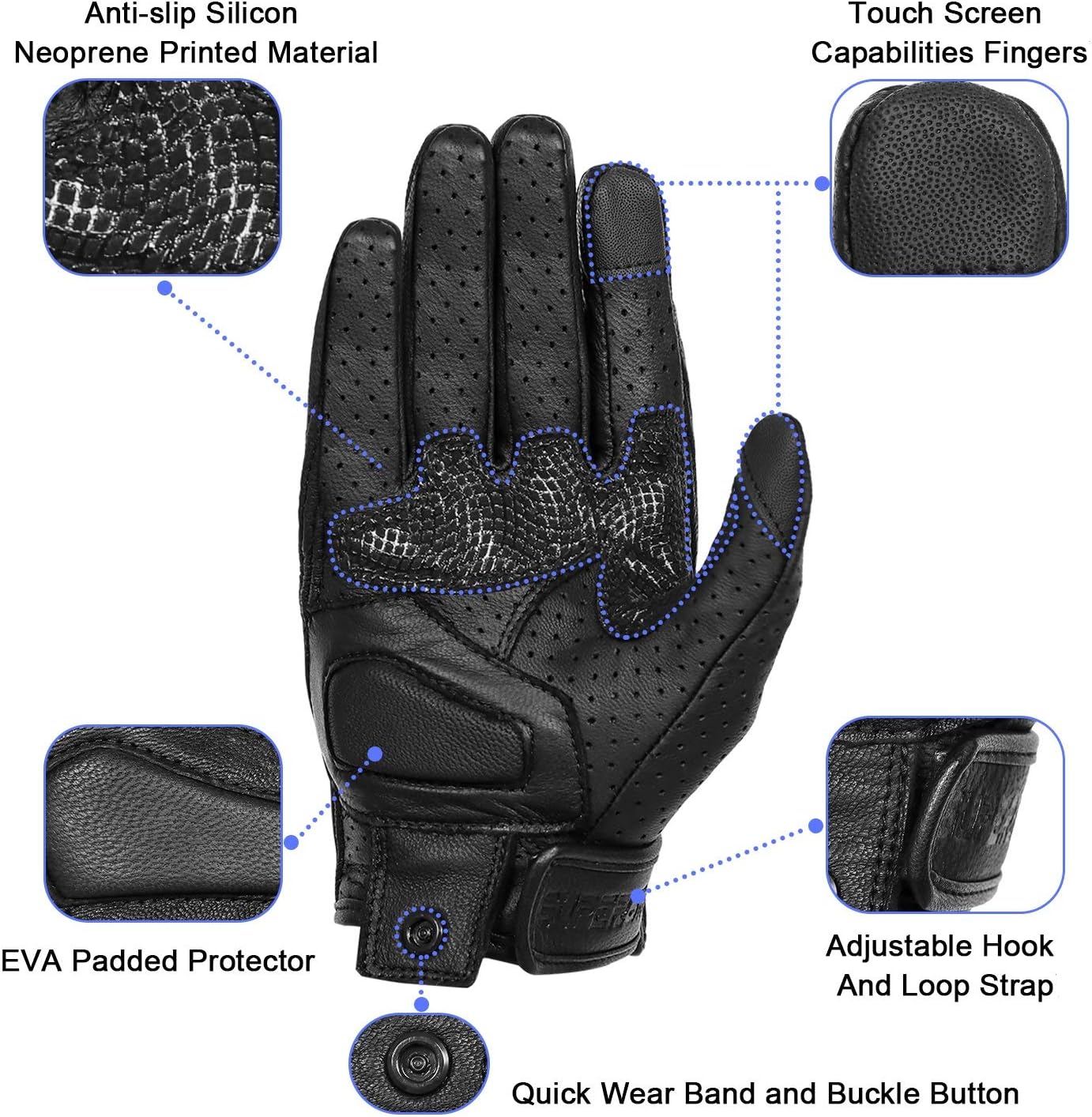 Updated Men’s Motorcycle Gloves Goatskin Leather Anti-Slip Street Bike Gloves with Two Touchscreen Fingers (Updated,Perforated, M)