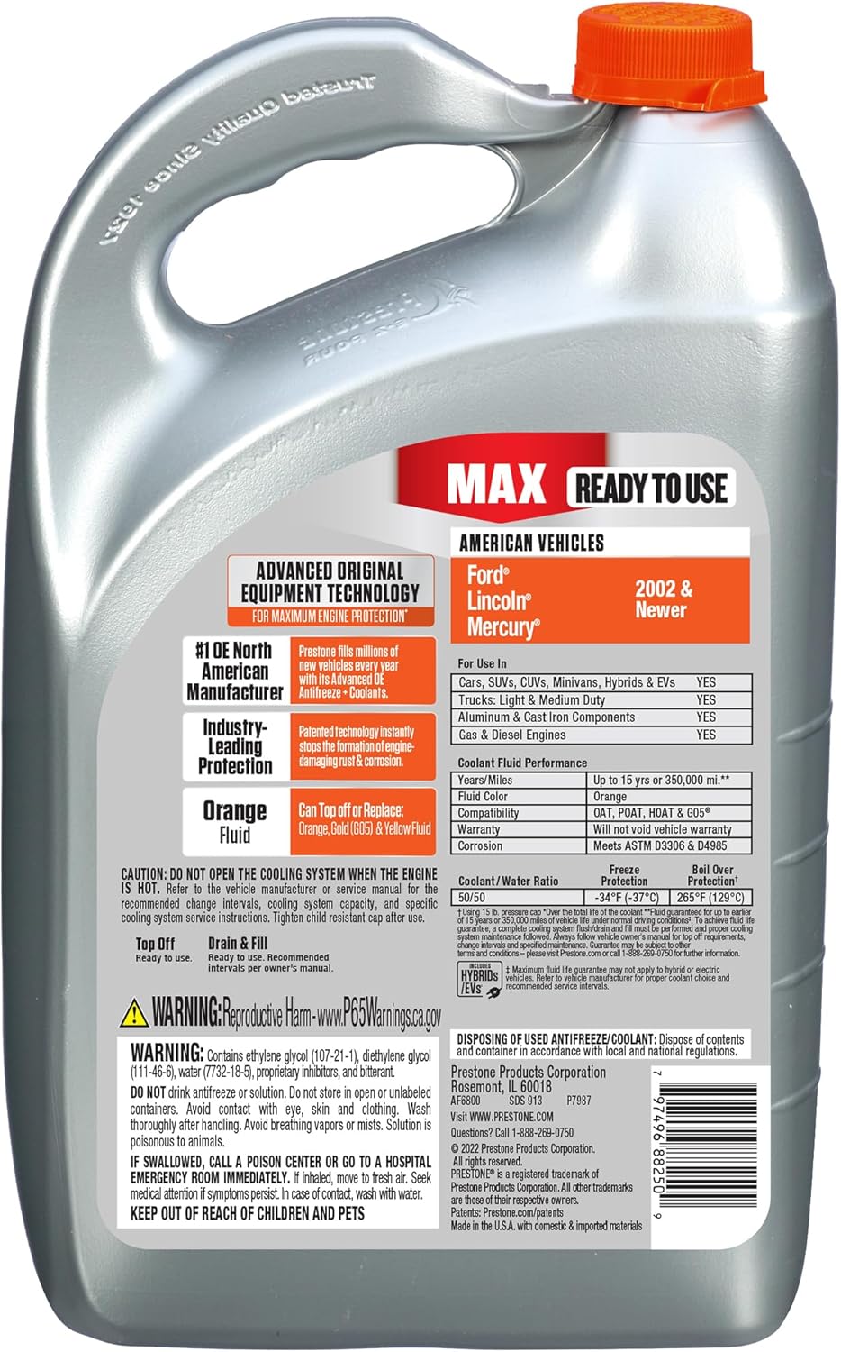 Prestone AF6800 MAX Original Equipment Antifreeze and Coolant: American Orange, 50/50 RTU, 1 Gallon, Pack of 6