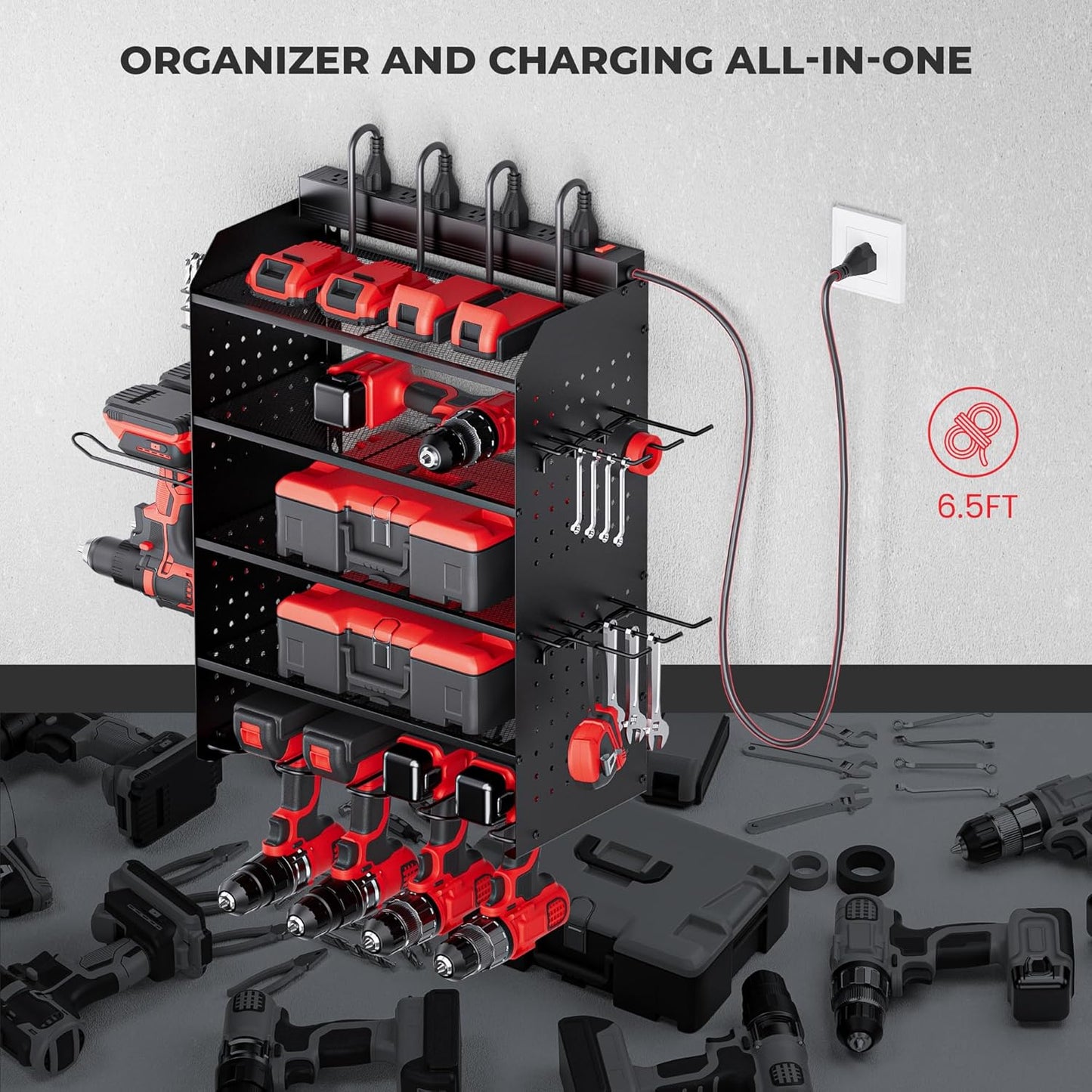 TRZZ Power Tool Organizer Wall Mount, 5-Layer Charging Station with 8 Outlets, 6 Drill Holders, 2 Side Pegboards, and Drill Bit Rack for Garage, Workbench, and Workshop (Black)