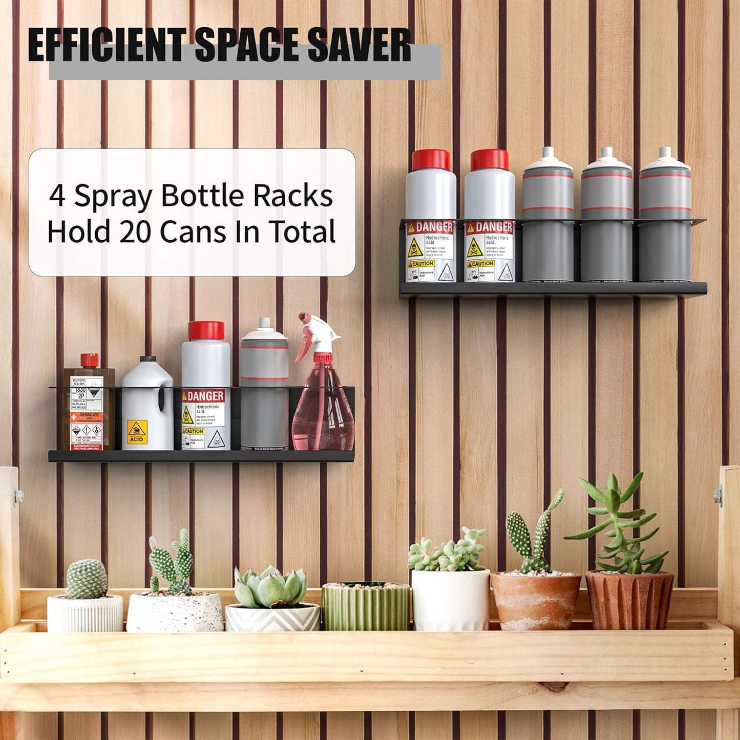 4 Pack Wall-Mounted Spray Bottle Holder, Aerosol Spray Can Holder Storage Rack, Heavy-Duty Paint Bottle Organizer With 20 Holes, Steel Black Spray Rack for Garage, Shop, Home or Tool Trailer