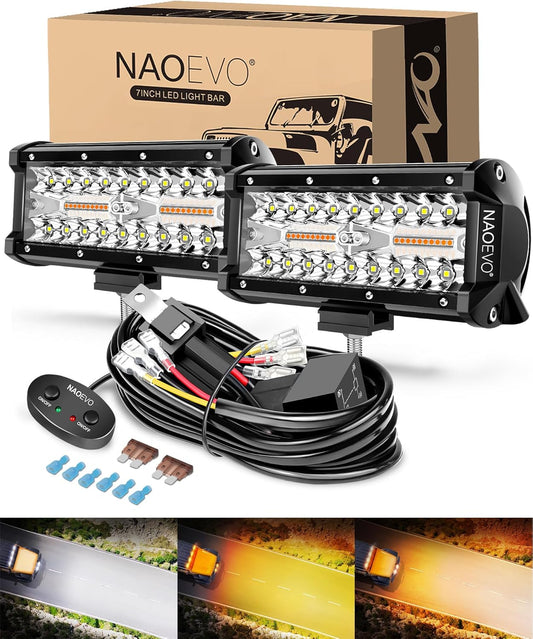 NAOEVO 7 Inch Light Bar, 240W 24,000LM Offroad Fog/Driving Lights LED Pods with 2 Leads Wiring Harness, Spot Flood Combo LED Work Lights for Truck Boat UTV ATV, 2-Pack (White/Amber/White&Amber)