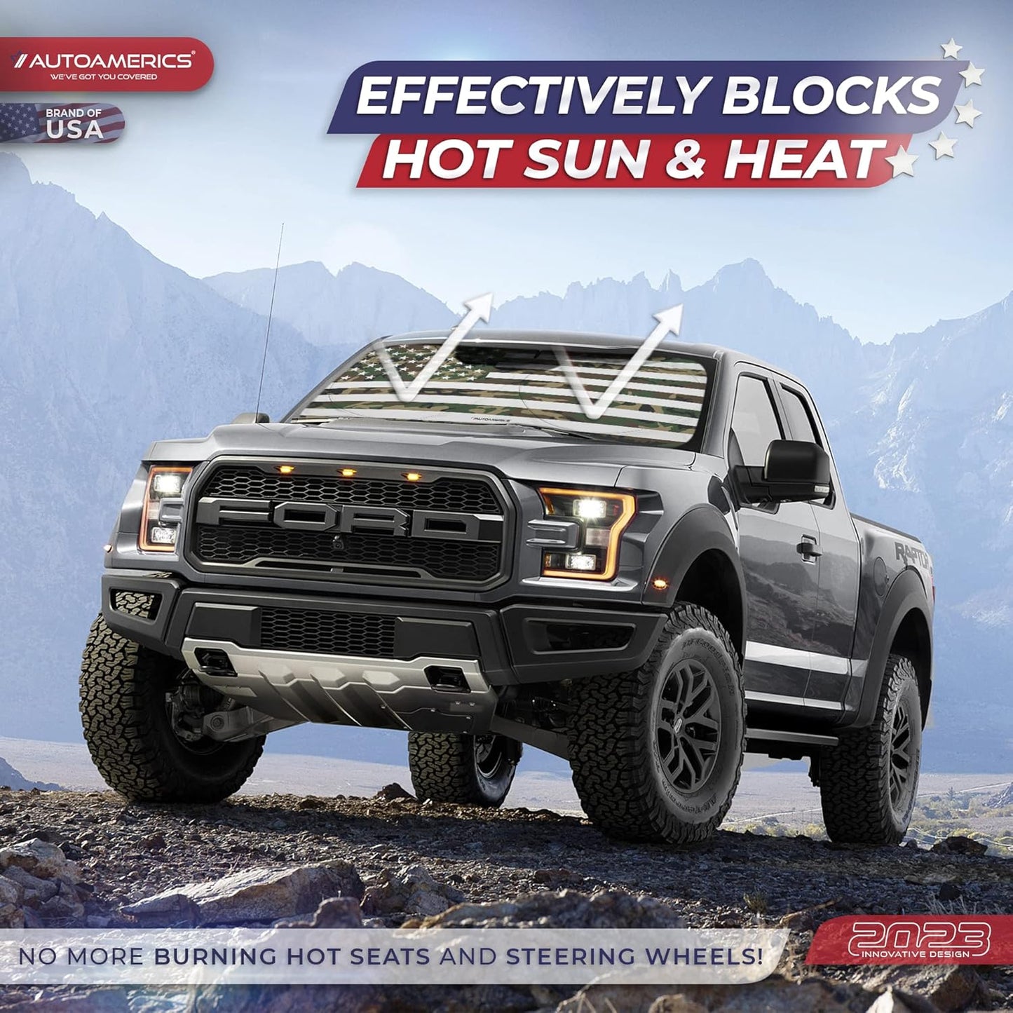 Autoamerics 1-Piece Windshield Sun Shade ERDL Camo American Flag USA Design - Foldable Car Front Window Sunshade for Most Sedans SUV Truck - Blocks Max UV Rays and Keeps Your Vehicle Cool - Large