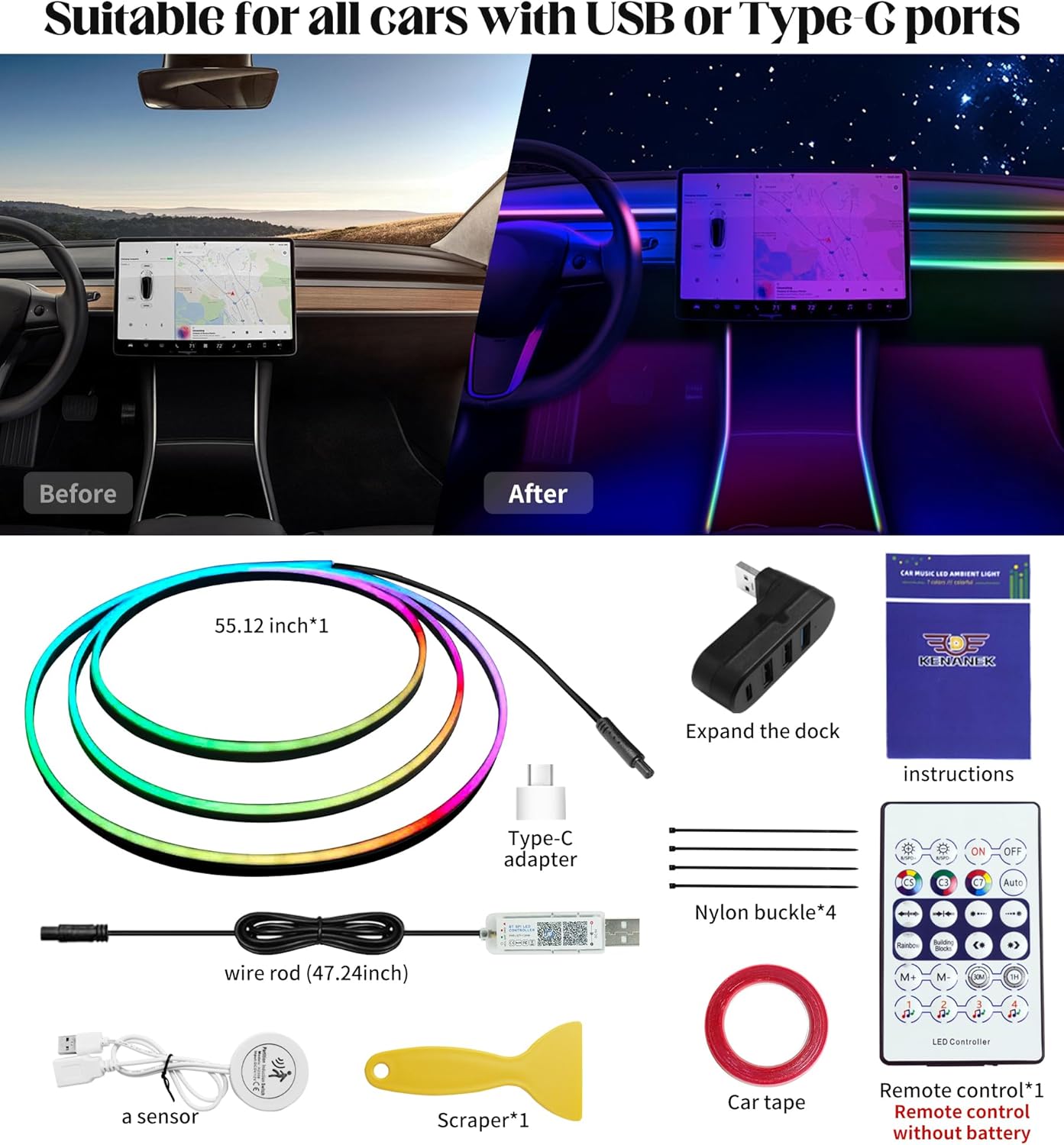 KENANEK Acrylic Interior Car LED Strip, 55.12-inch USB/Type C Interface, with Motion Sensor and Docking Station, Colorful car Ambient Light kit, Supporting Wireless Control Modes.