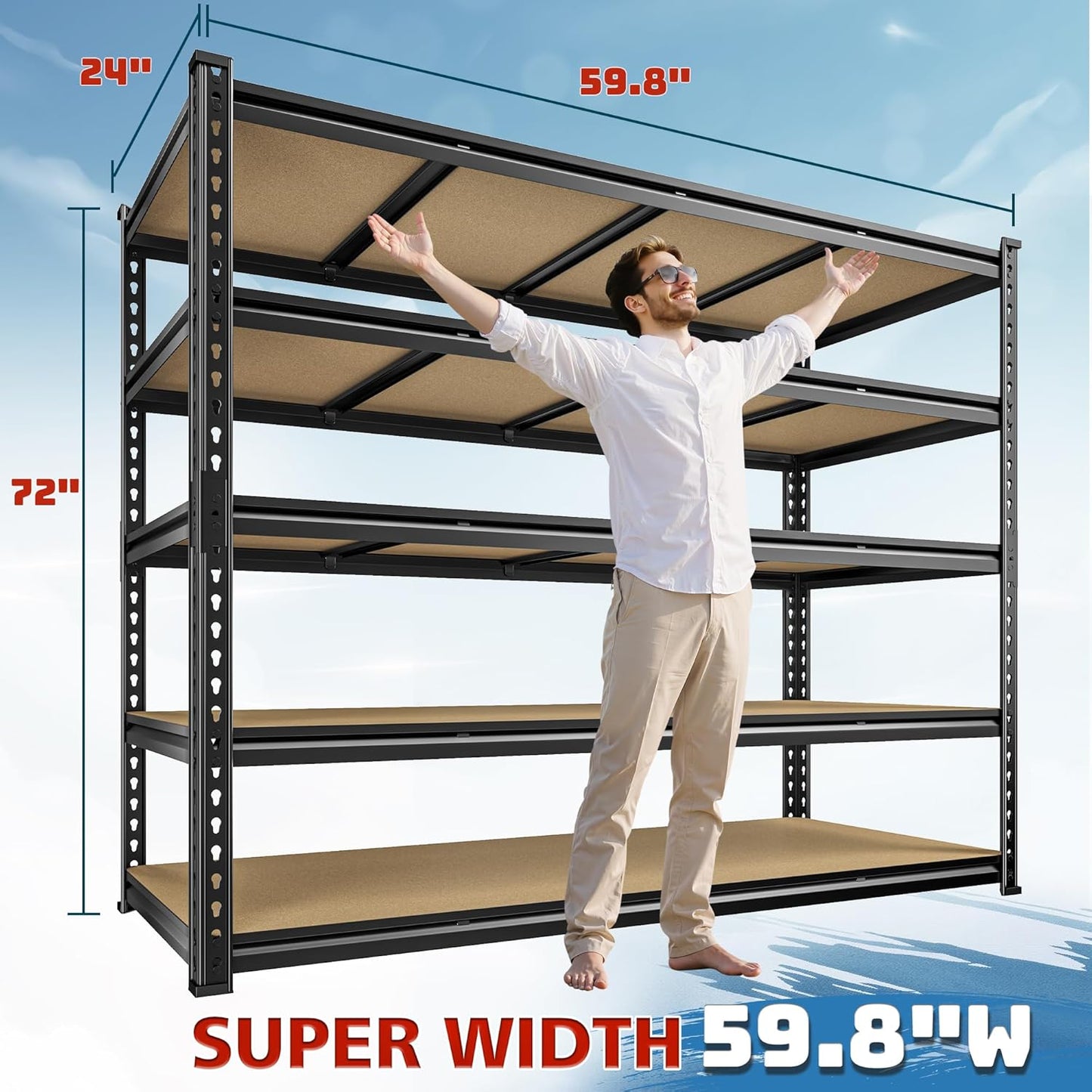 59.8" W Garage Shelving 72" H Storage Shelves 2750LBS Metal Shelving Heavy Duty Garage Shelves Adjustable Metal Shelf for Basement Warehouse Pantry 59.8" W x 24" D x 72" H