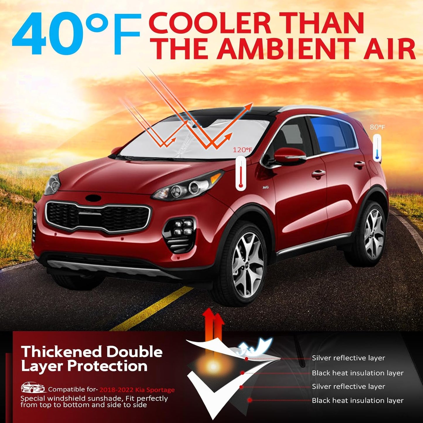 KAYZT Windshield Sun Shade for 2018-2022 Kia Sportage Foldable Sunshade Front Window Custom Fit Car Accessories