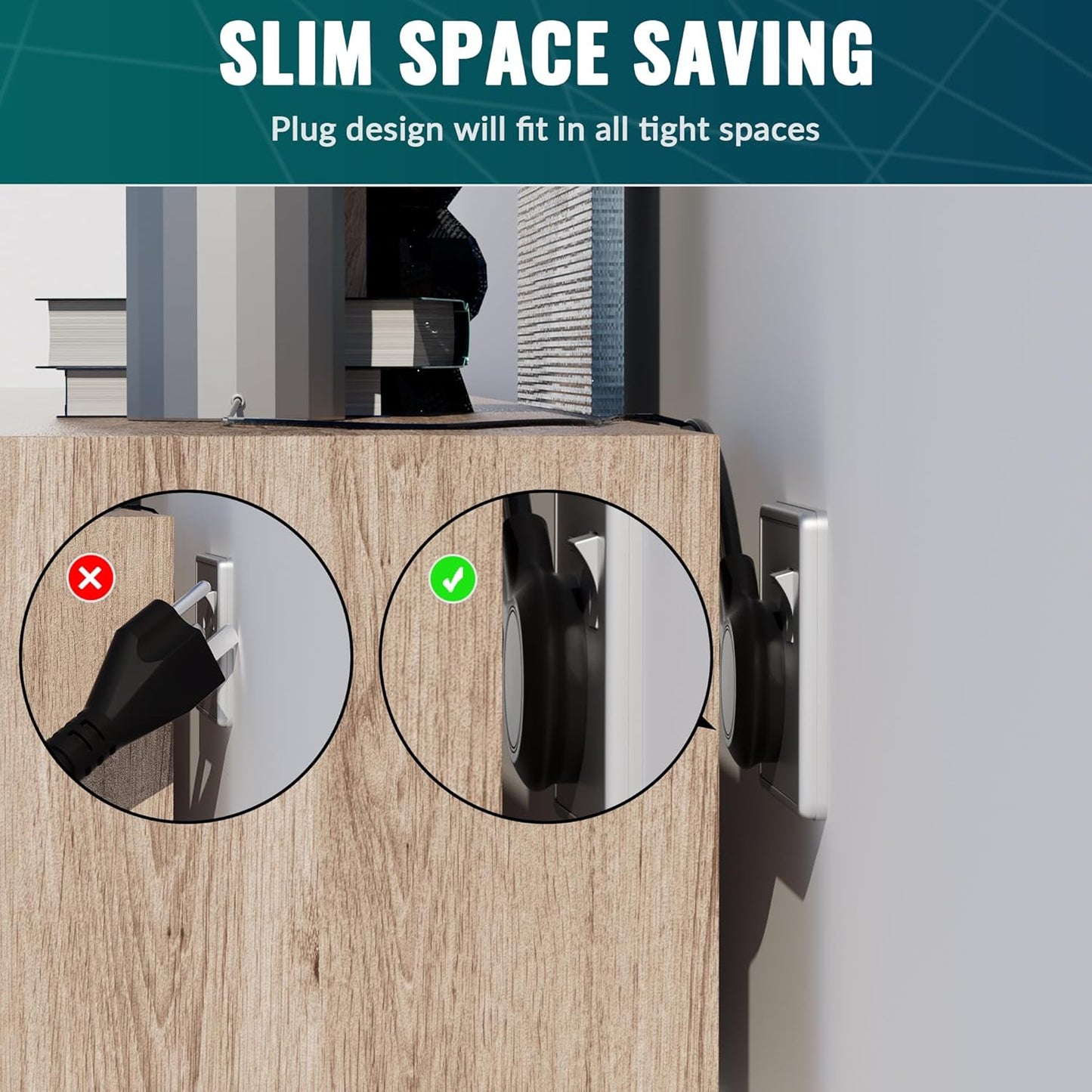 Elecan Flat Plug Extension Cord 6 Ft 2 Pack with Slim Space-Saving Plug Design, Thin Flat Cable Low Profile Power Cord 3 Prong Grounded Wire, 16 Gauge 13 A/125 V-Black-ETL Certified