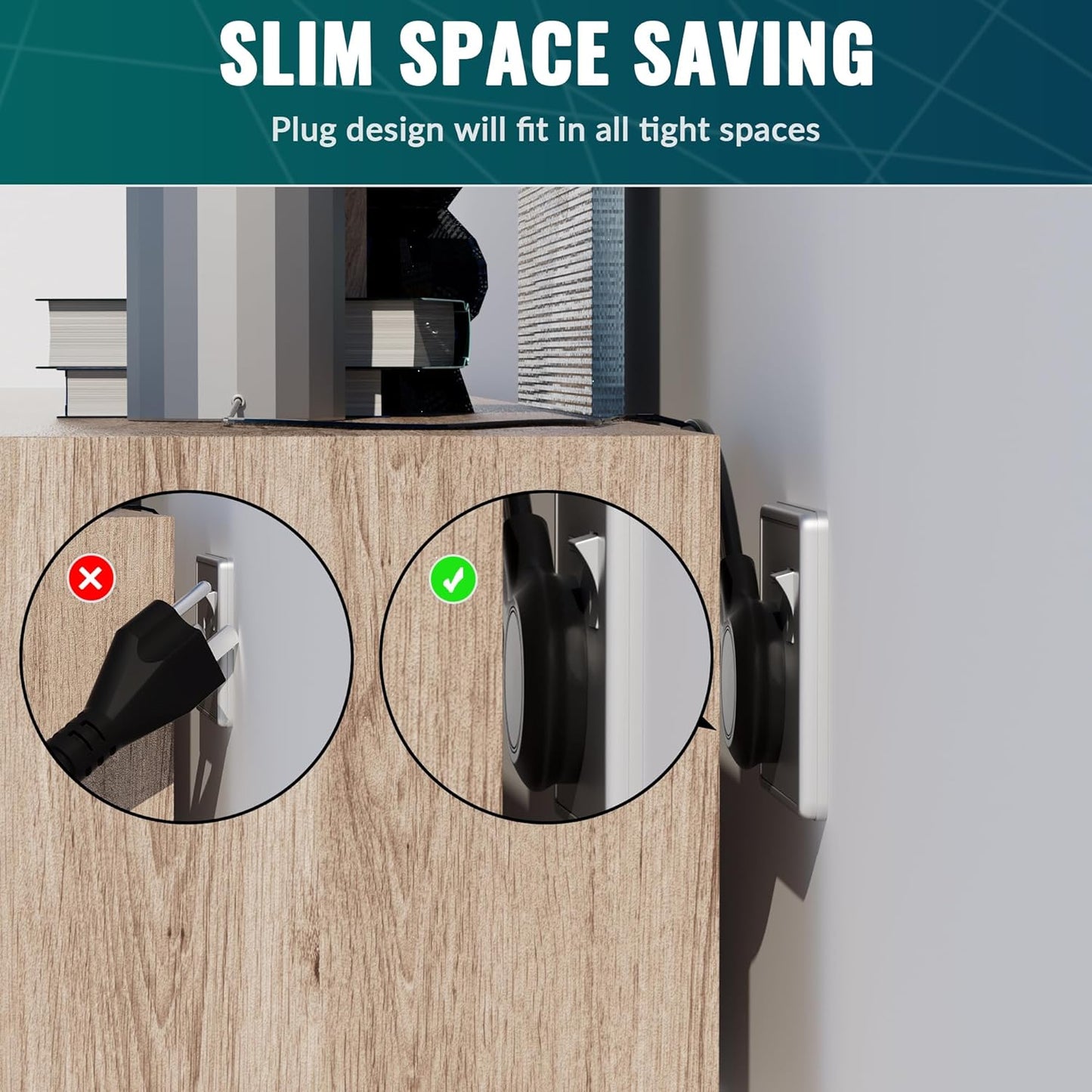 Elecan Flat Plug Extension Cord 8 Ft 2 Pack with Slim Space-Saving Plug Design, Thin Flat Cable Low Profile Power Cord 3 Prong Grounded Wire, 16 Gauge 13 A/125 V-Black-ETL Certified