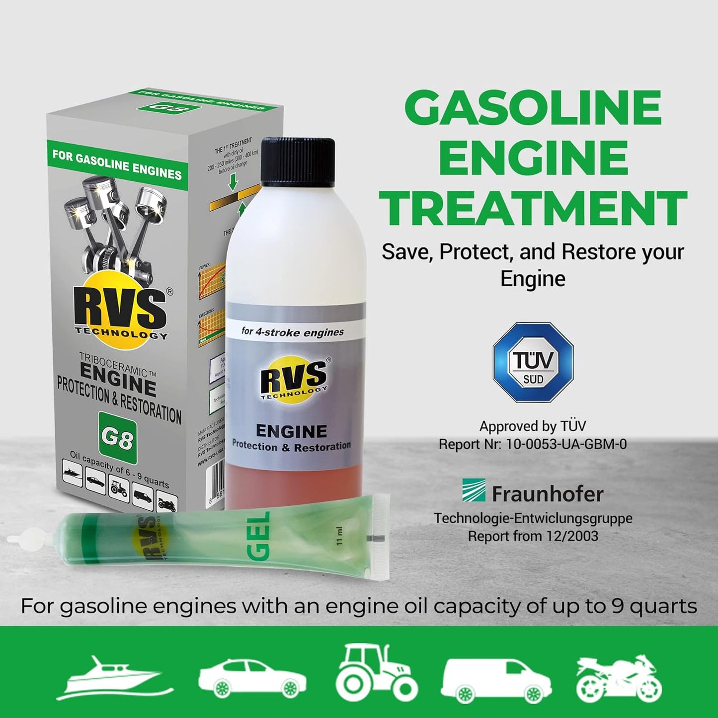 G8 Engine oil Treatment. for Gasoline Engines with an Motor Oil Capacity up to 9 quarts. Boost Power and Safely Restore and protect your Car, Truck, Motorcycle and all other engines