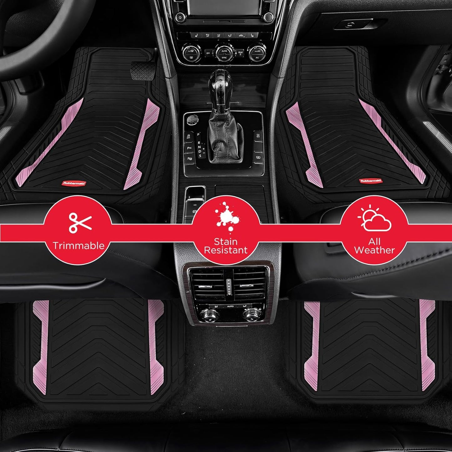 Rubbermaid Car Floor Mat, Heavy Duty All-Weather Car Mats Full Set with Dual-Tone Pink Aluminum Inserts – Universal Fit, Anti-Slip Backing, Trim-to-Fit for Most SUV, Sedan, Van