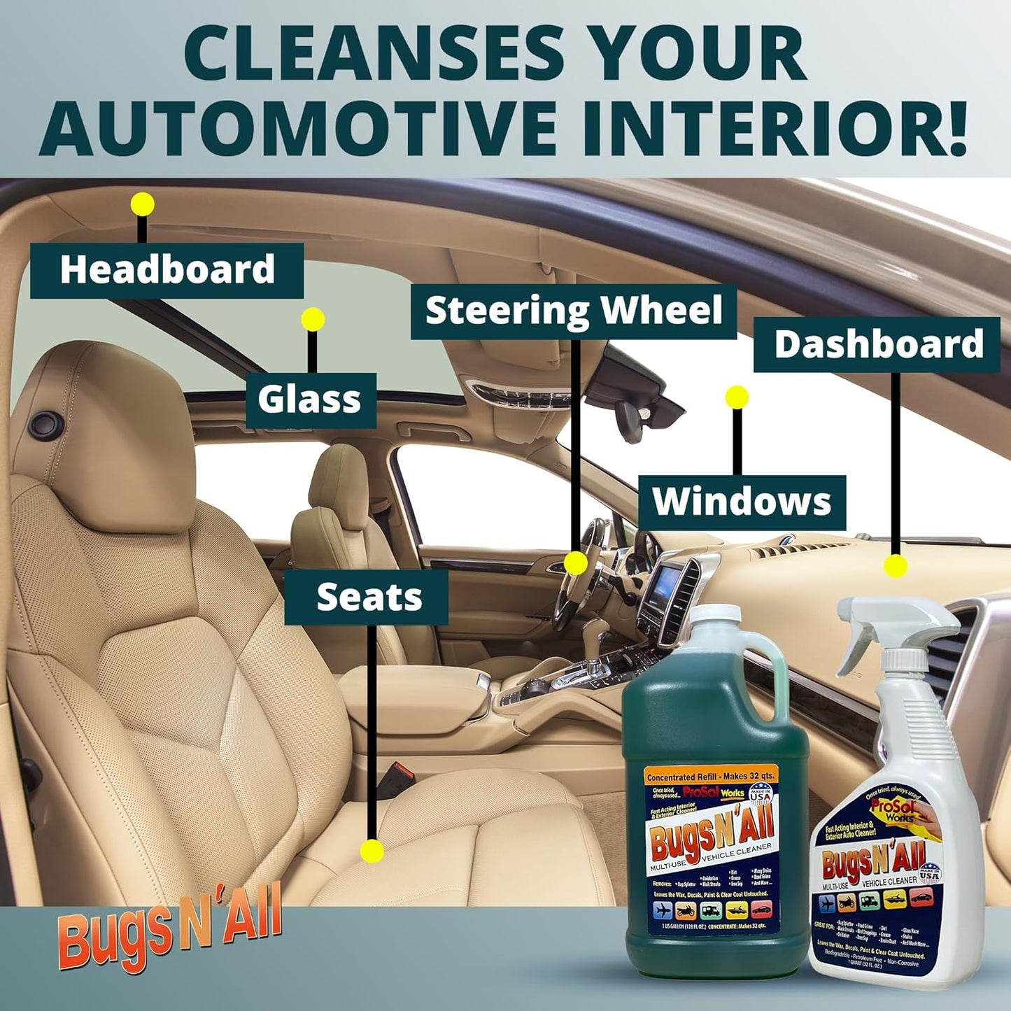 Bugs N’ All Multipurpose Car Cleaner & Degreaser - Bug & Tar Remover Concentrate 1 Gallon - Exterior Cleaner Safe for Car Paint, Metal, Chrome, Aluminum, Windows & Mirrors - w/Free 32 oz Spray Bottle