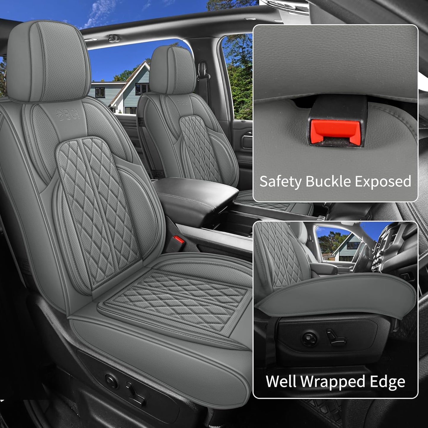 Car Seat Cover Custom Fit for Dodge Ram 1500 2500 3500 2002-2024 Faux Leather Seat Cover Set Compatible with Crew Quad Regular Cab Pickup Truck Cushions (Black Redline, Full Set, Curved Rear)