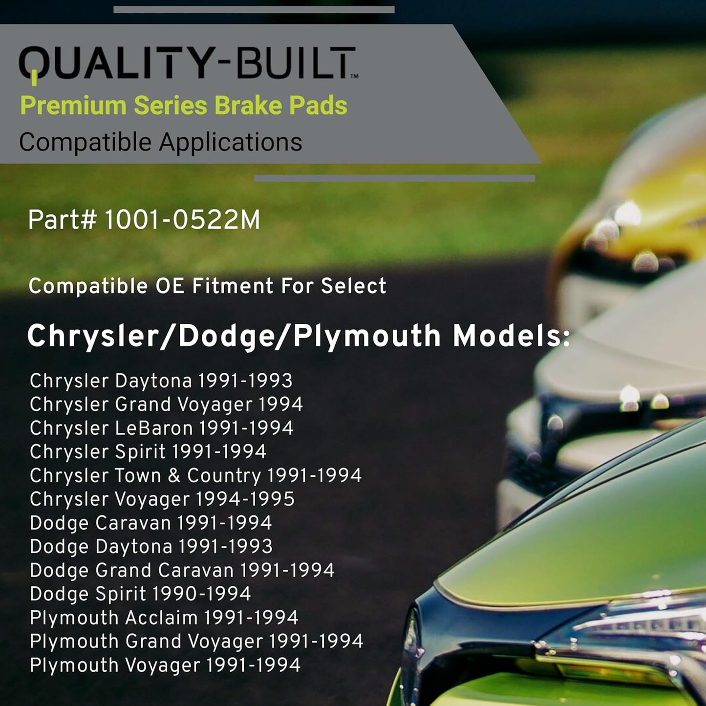 Premium Semi-Metallic Front Brake Pads (1001-0522M) Compatible with 1990-1995 Chrysler/Dodge/Plymouth (Acclaim/Caravan/Daytona/Grand Caravan/Grand Voyager/LeBaron/Spirit/Town & Country)