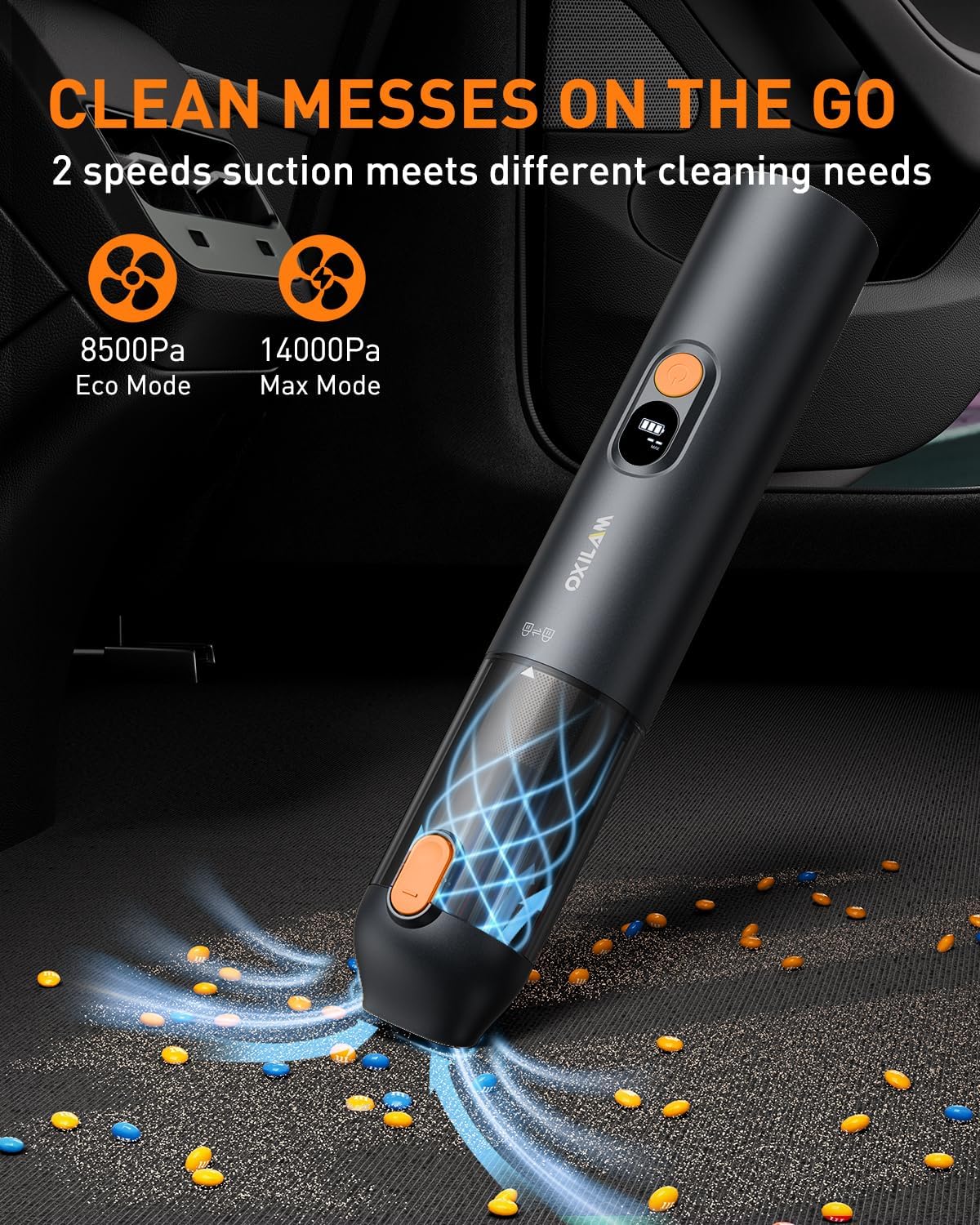 OXILAM Car Vacuum Portable - Handheld Vacuum Cordless 14000PA High Power, Blow & Suction 2 in 1, Up to 30 Mins Runtime, Cordless Vacuum Cleaner for Home, Pet, Car, Office (Black)