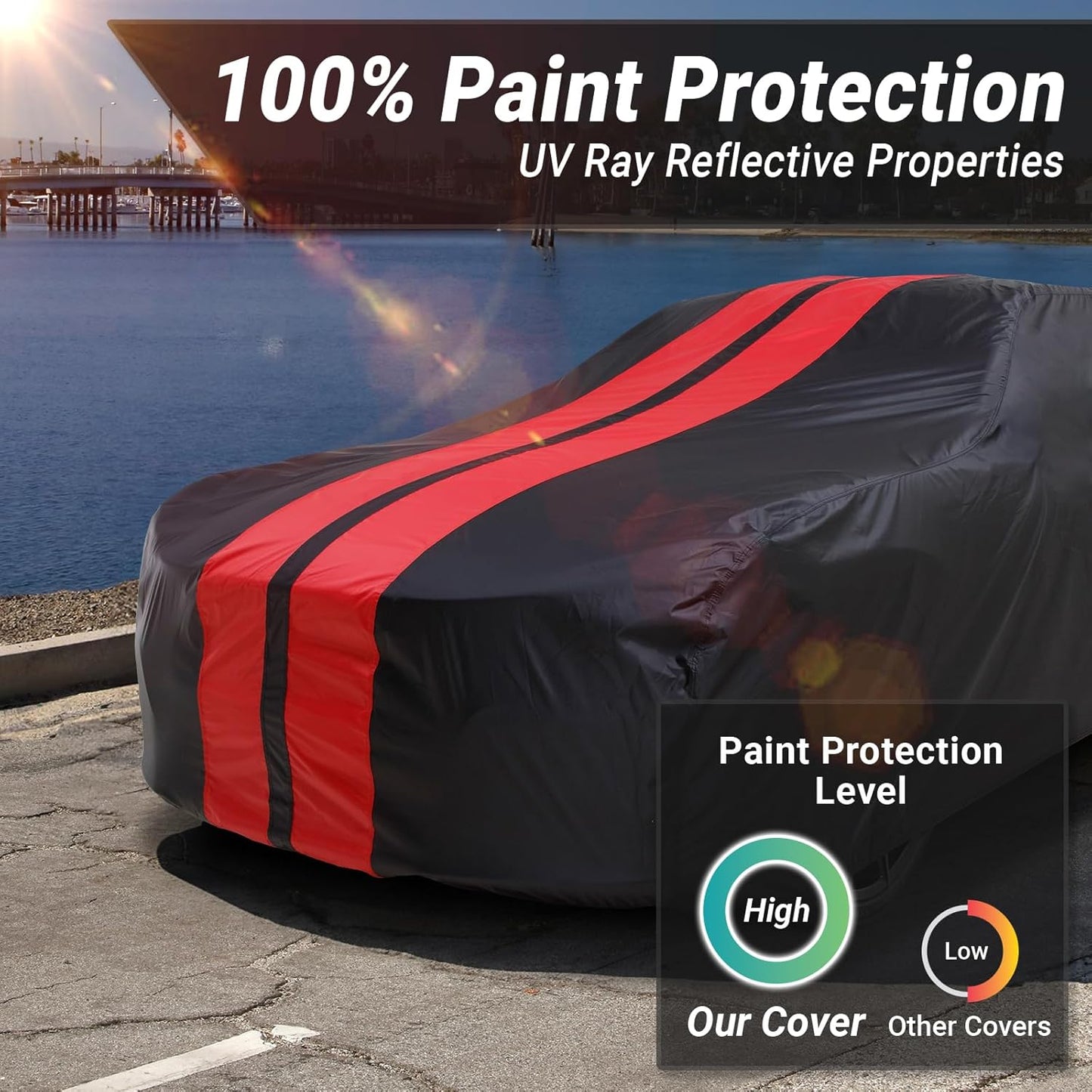 iCarCover Custom Car Cover for Pontiac Lemans 2-Door, 4-Door (1970-1972) Waterproof All-Weather Rain Snow UV Sun Protector Full Exterior Indoor Outdoor Car Cover (Stripe - Black/Red)