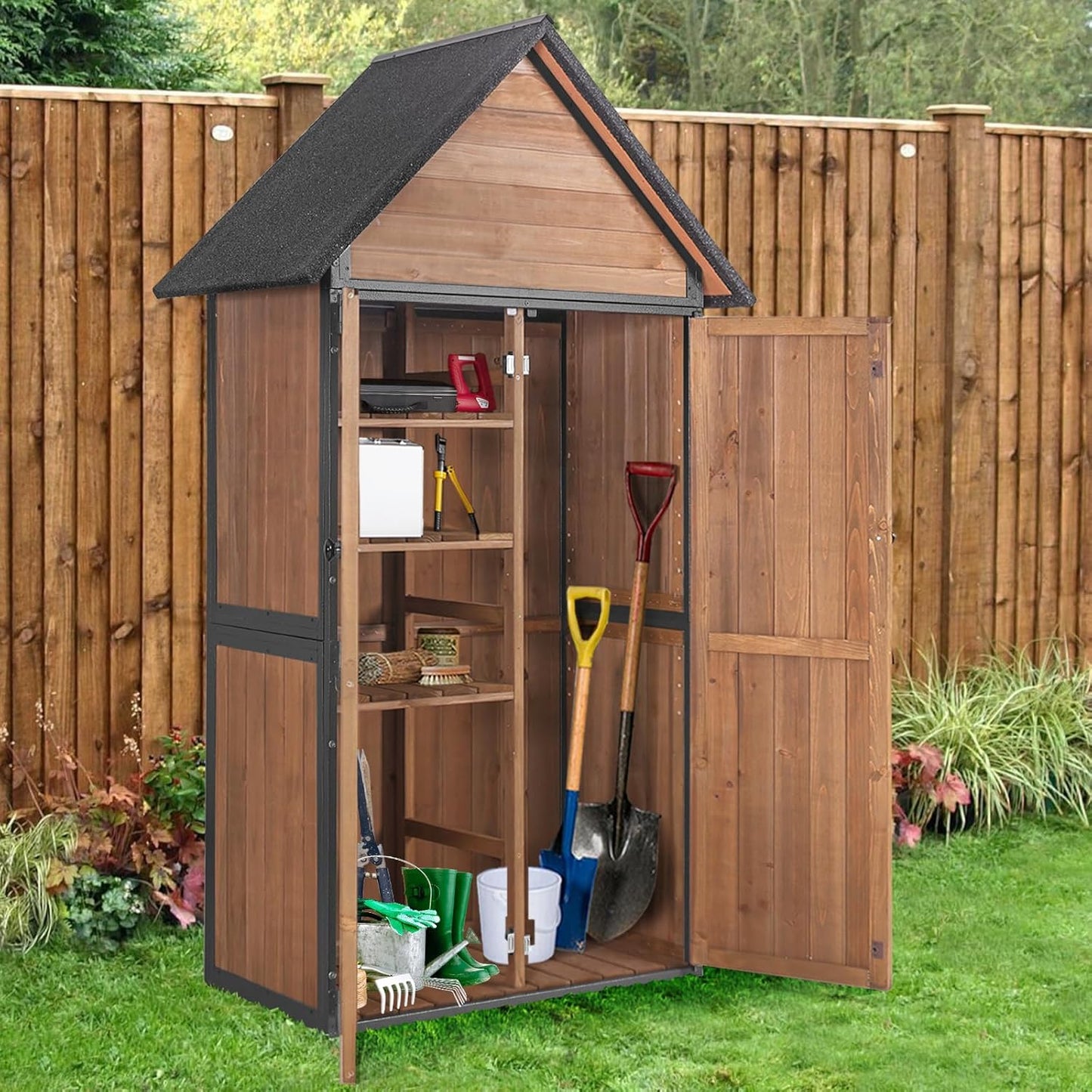 Outdoor Storage Shed,Vertical Wooden Tool Shed with Waterproof Roof,Adjustable 3 Tiers Shelves,Storage Tool Cabinet Box with Metal Frame Sloped Roof for Backyard Garden Patio Lawn (Brown)