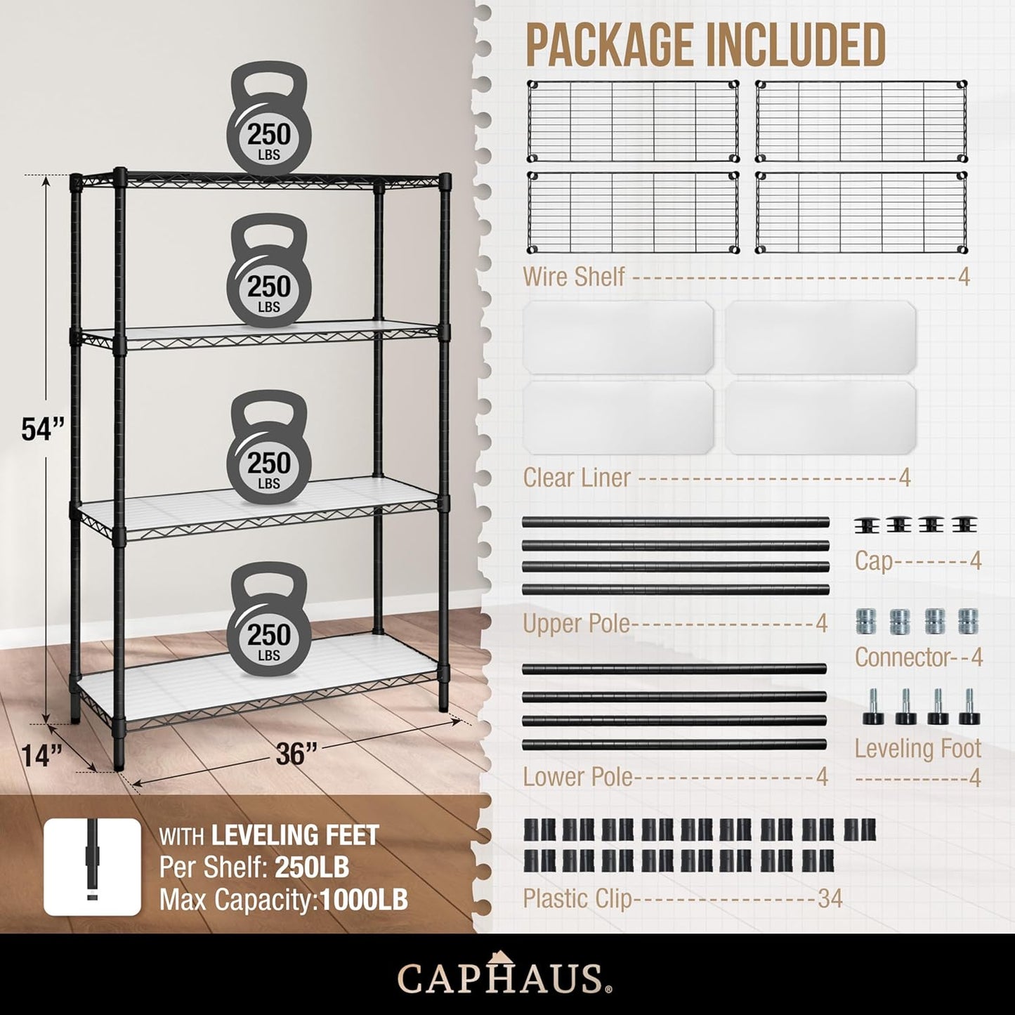 CAPHAUS NSF Adjustable Height Wire Shelving Unit w/Liner, Basement Storage Shelving, Metal Steel Storage Shelves, Garage Shelving Storage Organizer, Utility Shelf, 4-Tier No Wheels W/Liners, Black