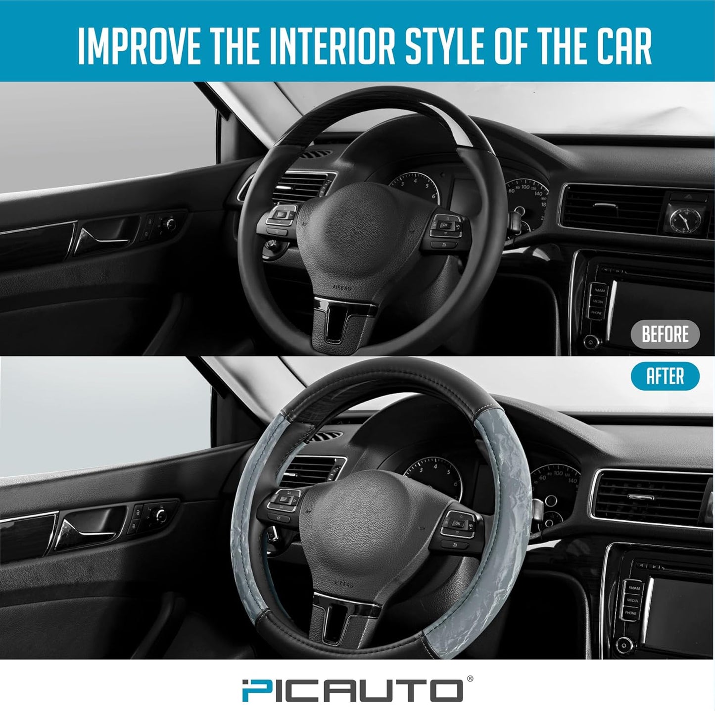 PIC AUTO Steering Wheel Cover, Silk Grain Leather Car Steering Wheel Protector, Comfortable Grip, Universal 14.5-15.5 Inch Anti-Slip Steering Wheels Accessories for Men & Women (Gray)