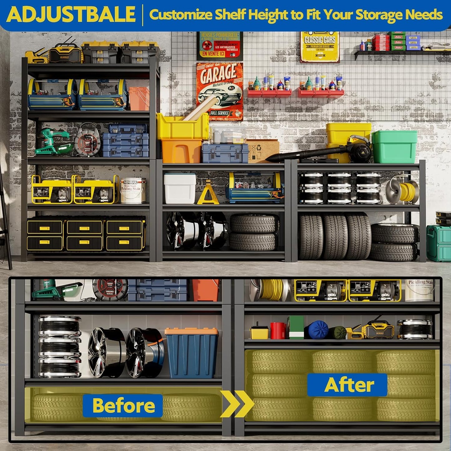 72''H Garage Shelving Heavy Duty, 3000LBS Storage Shelves, 5-Tier Adjustable Metal Shelve Storage Shelf Rack, Industrial Shelving Unit for Garage, Warehouse, Basement (47" W x 23.6" D x 72" H)