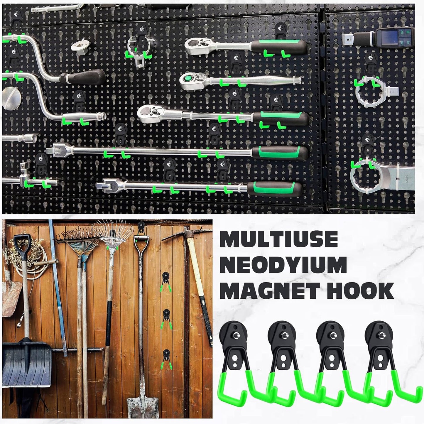 Landhoow Large Magnetic Hooks Heavy Duty Garage Magnet Hooks Strong Storage Utility Magnetic Hangers with Anti Slip Rubber Coating for Indoor and Outdoor Hanging(Green,10 Pcs)