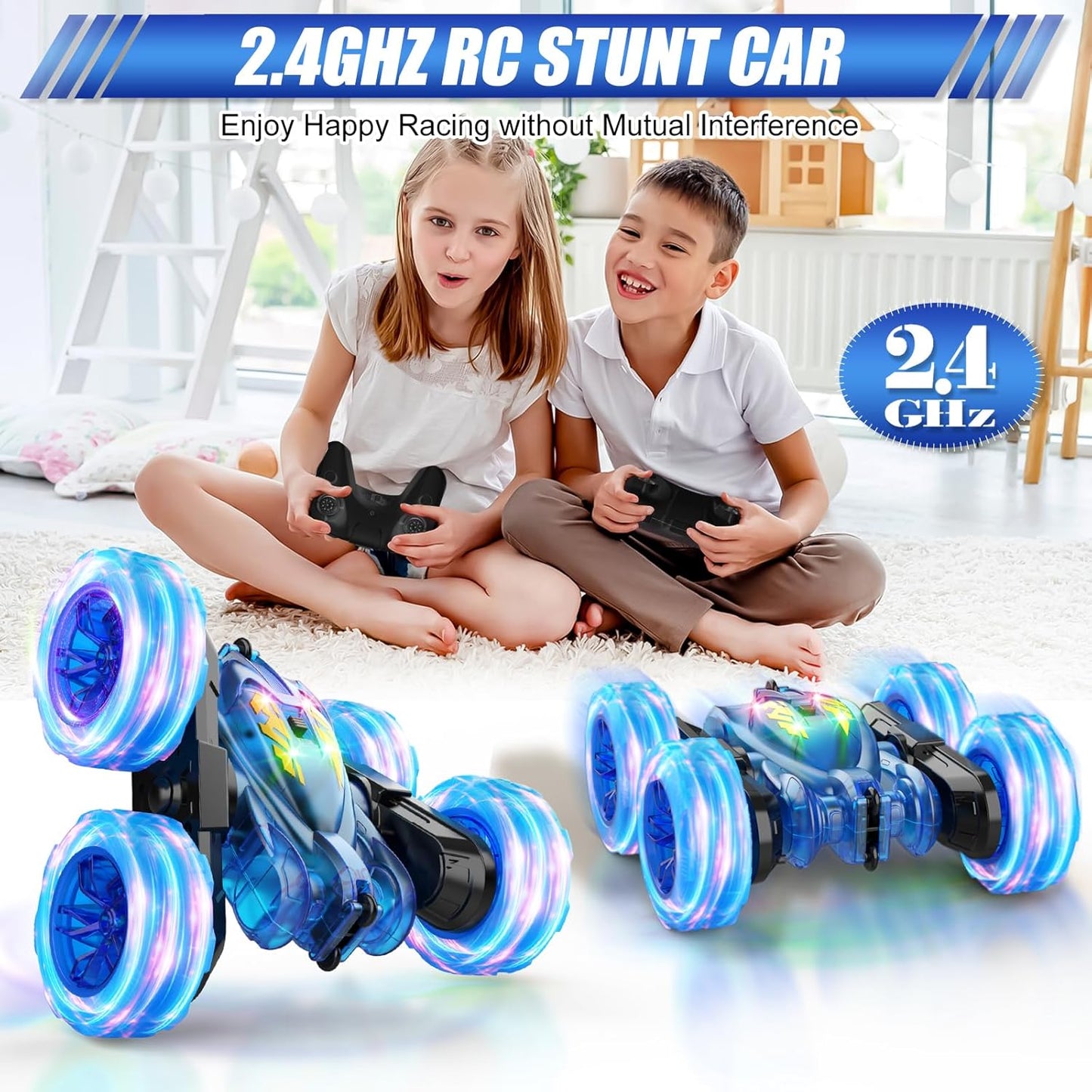 Remote Control Car,Stunt RC Cars for Kids with Colorful Light,Fast USB-C Charging,Double-Sided 360° Rotating Rechargeable 4WD RC Truck Car Toys for Ages 5-7 Gift for Boys Girls Ages 8-12(Blue)