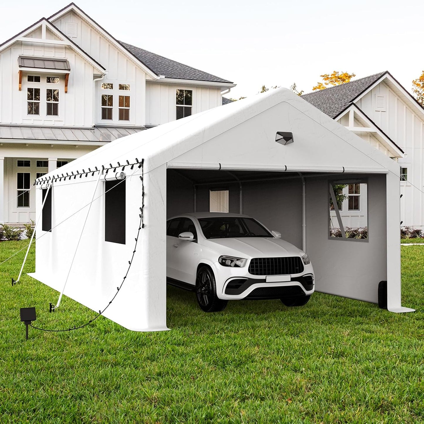 13x25 Carport, Heavy Duty Carport Canopy Garage with Removable Sidewalls and Drive Through Roll Up Zipper Doors, White