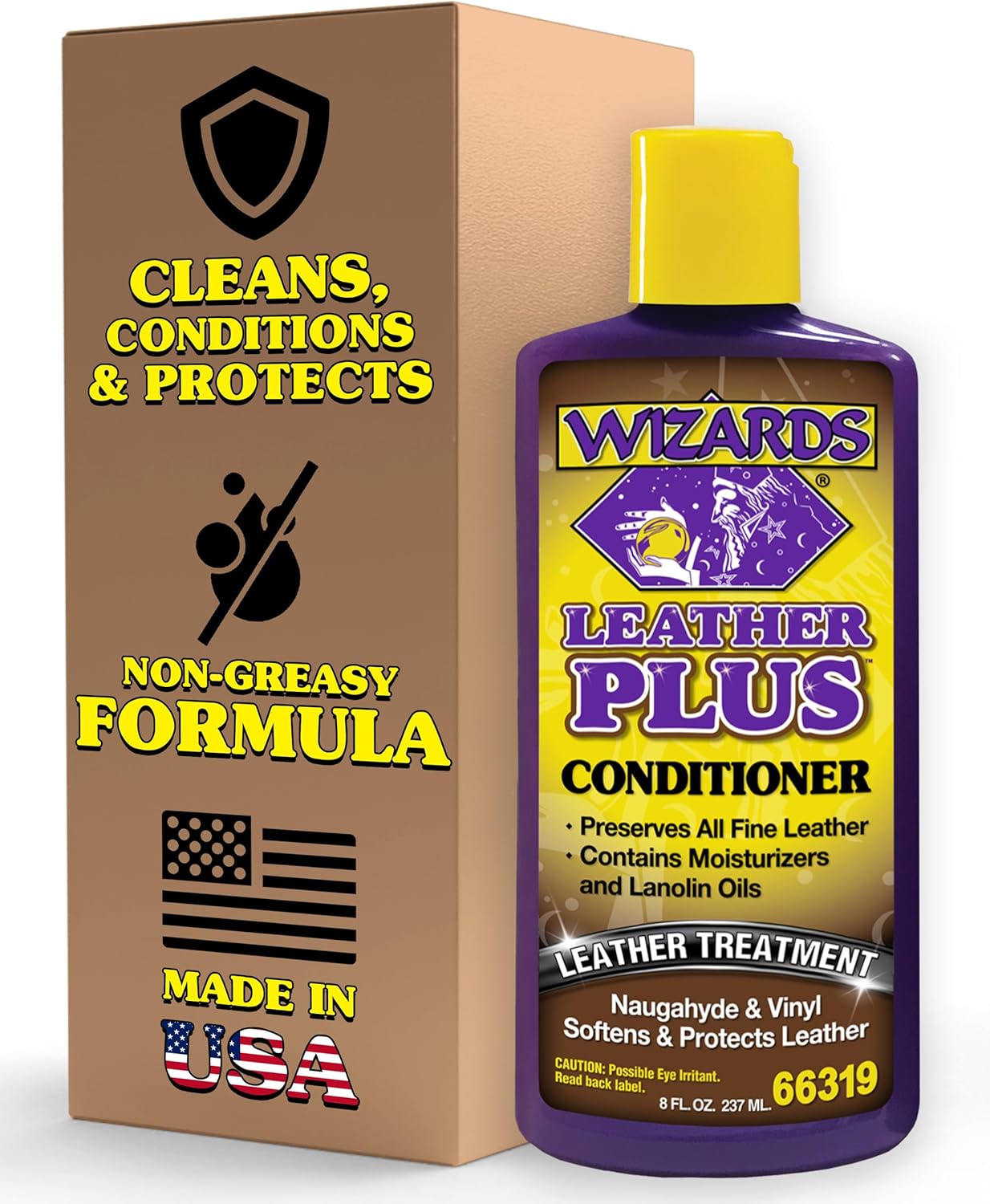 Wizards Leather Plus Leather Conditioner - Moisturizing Car Leather Seat Cleaner and Conditioner - Cleans, Conditions and Protects Leather, Naugahyde and Vinyl Car Accessories - 8 oz - Made in USA