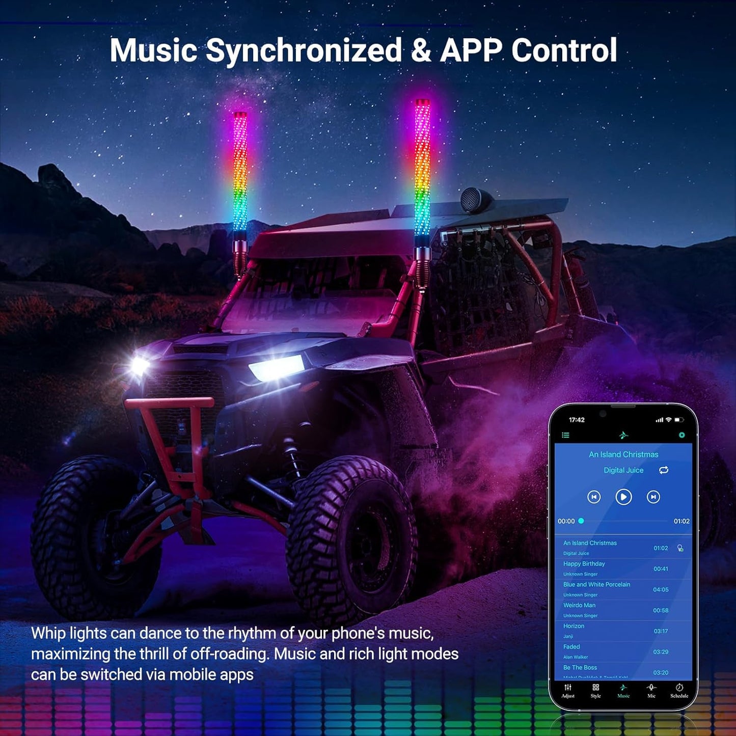 2PCS 3FT Fat Whip Lights for UTV ATV with Spring Base, Led Fatty Whip Light W/Rocker Switch & 6 Flags, Brighter Spiral Chasing Lighted Antenna Whip with APP & Remote Control for RZR SXS Can-Am