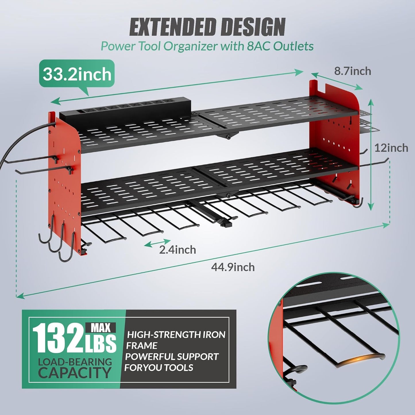 Suchtale Power Tool Organizer with Charging Station,33.2" Garage 8 Drill Holders Wall Mount,3 Layers Heavy Duty Metal Tool Shelf Built in 8 Outlets Power Strip, Gift for Men, Father, Red
