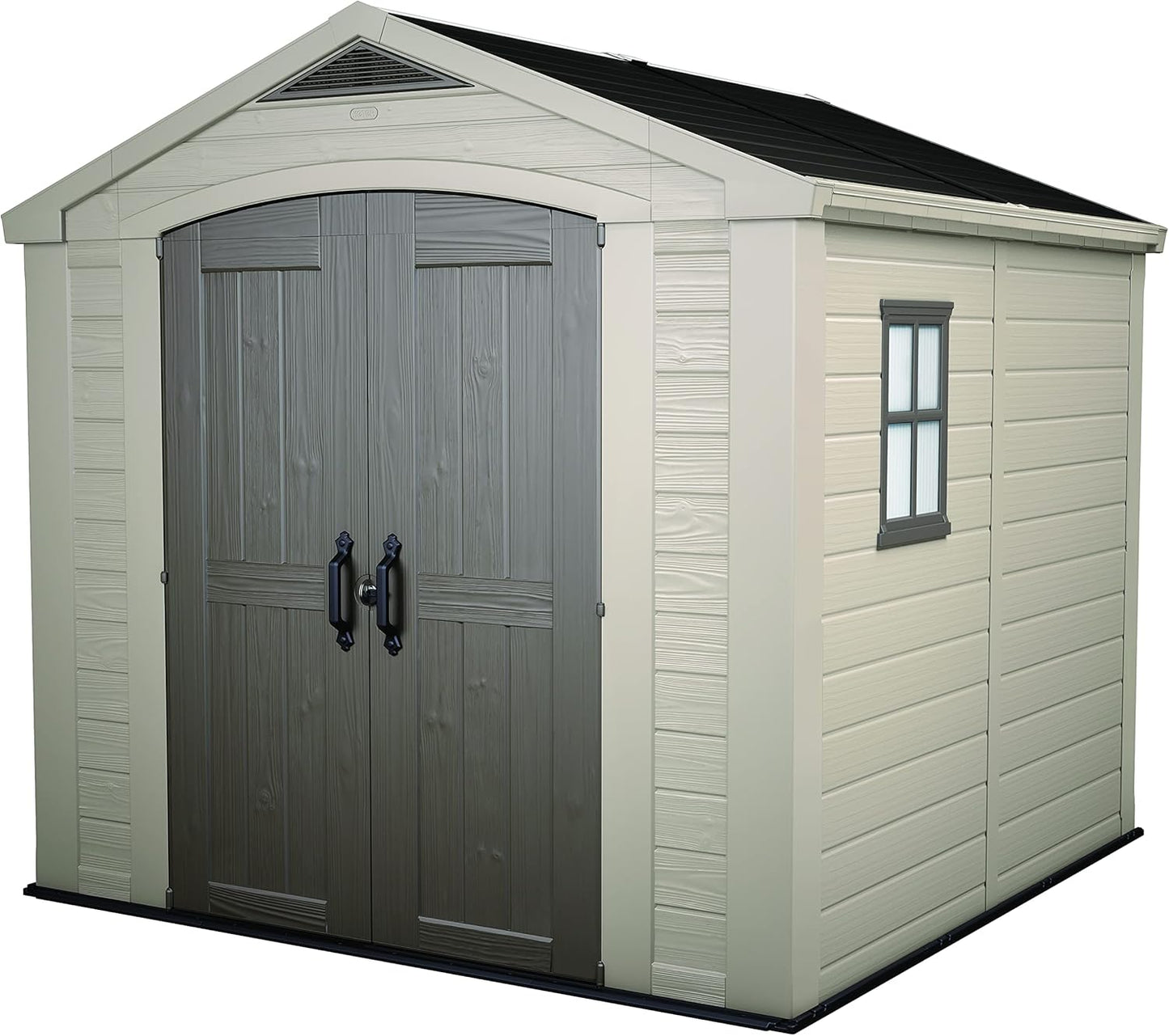 Keter Factor 8x8 Foot Large Resin Outdoor Shed with Floor for Patio Furniture, Lawn Mower, and Bike Storage, Taupe & Brown
