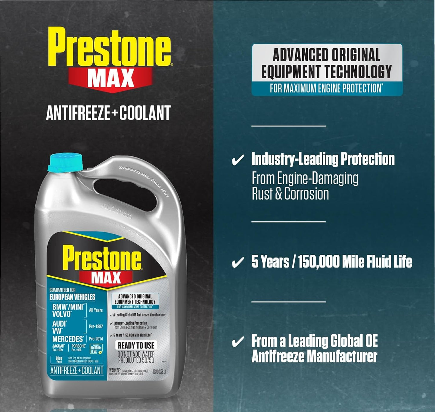 Prestone AF6110 MAX European Vehicles (Blue) Anti-Freeze and Coolant, 1 Gallon, Pack of 6