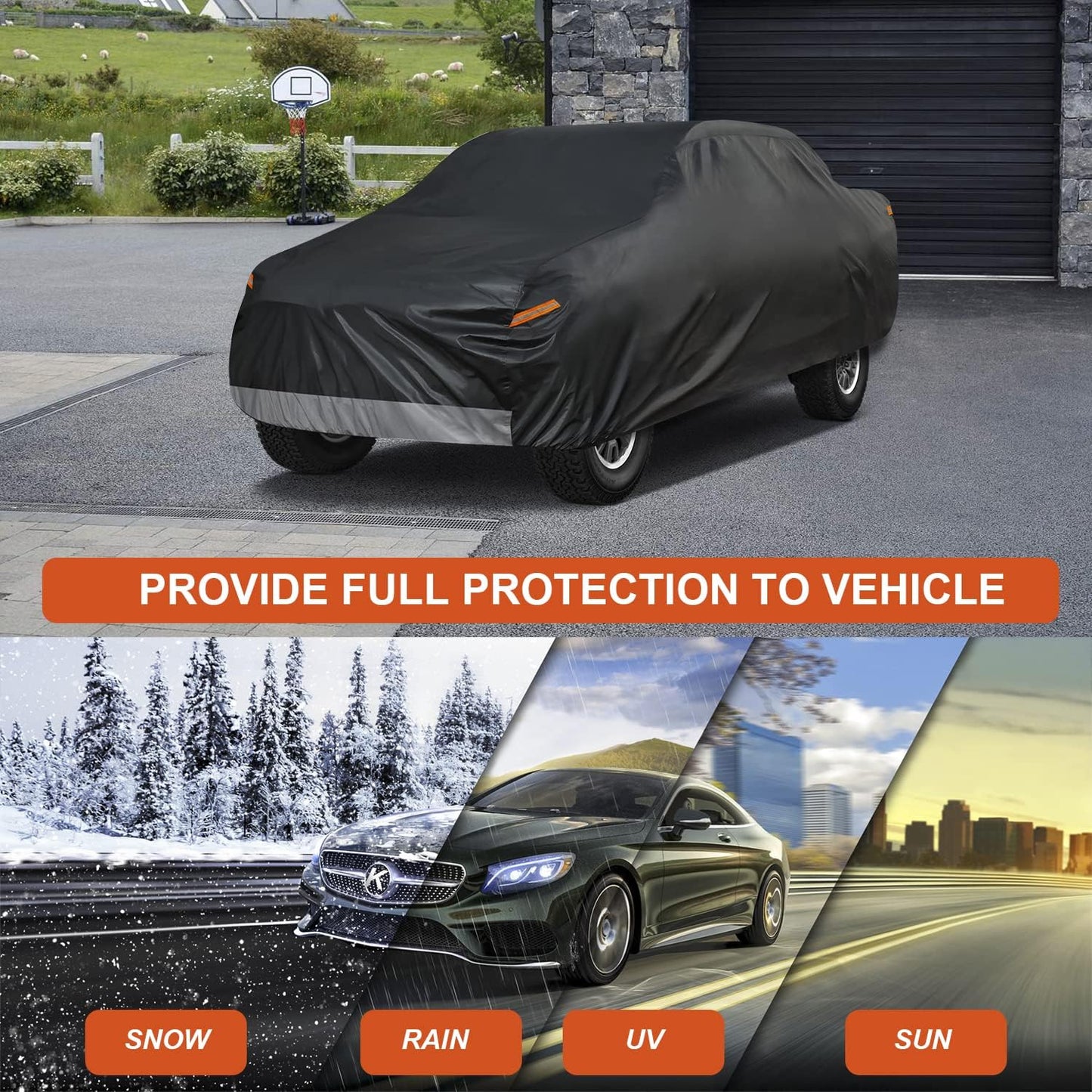 Kayme 7 Layers Truck Cover Waterproof All Weather,Universal Fit Chevy C10 S10, Ford F100, Dodge Dakota,Etc. Heavy Duty Outdoor Pickup Cover Sun Uv Rain Protection, (Length Up to 210 inch) M/Black