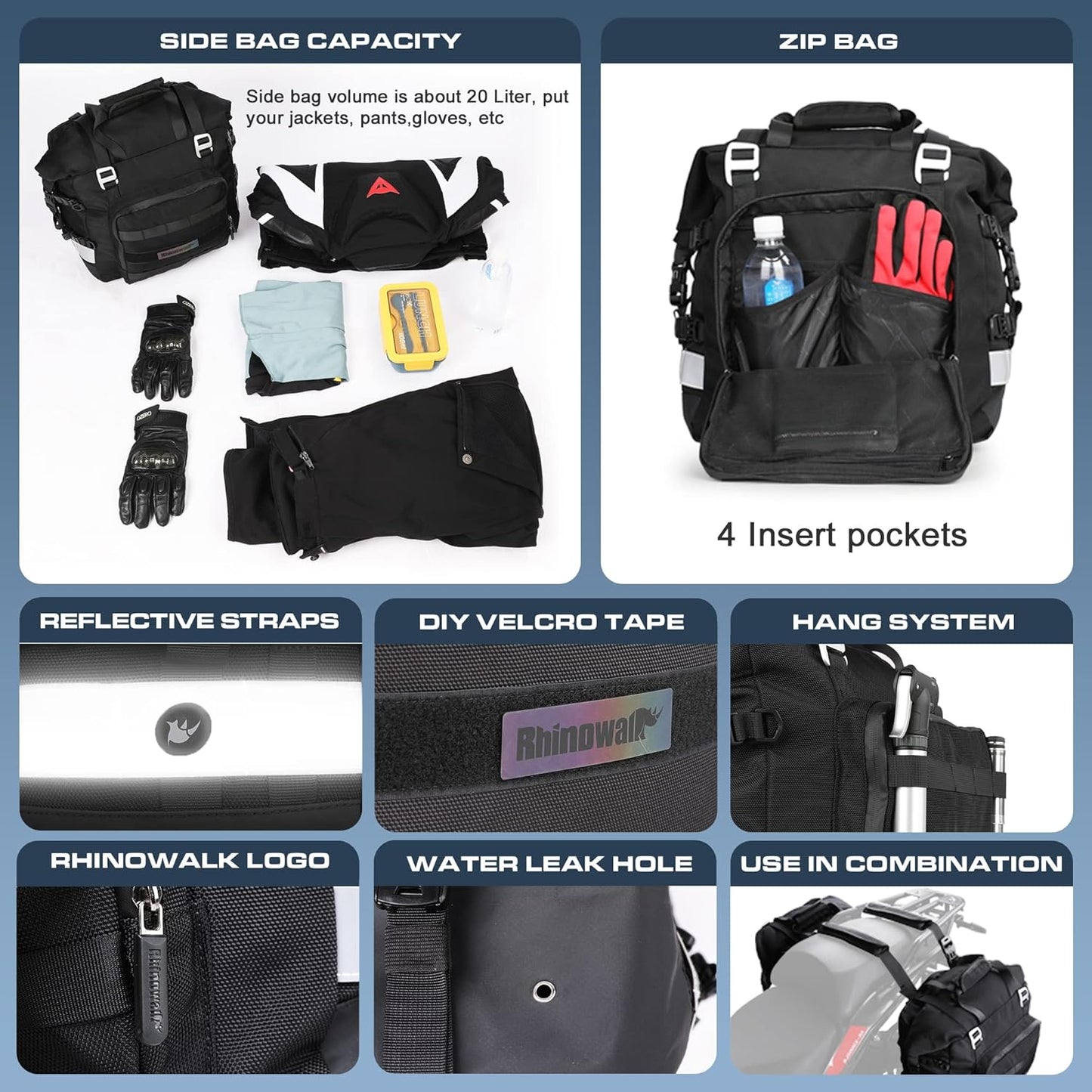 Rhinowalk Motorcycle Saddlebags Waterproof 20-25L Motorcycle Side bag Motorbike Hanging Bags Motorbike Accessories Black,1 pack