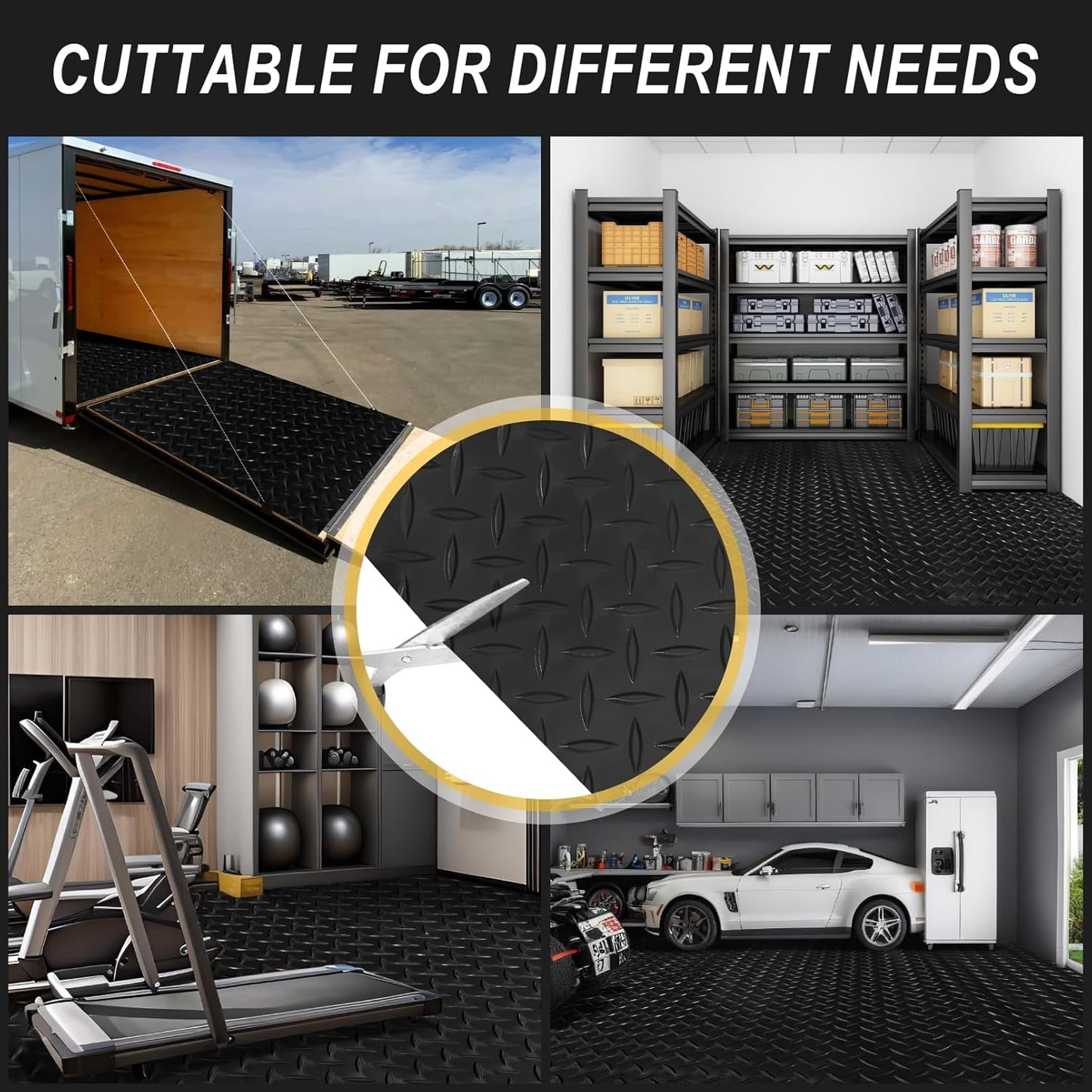 4x8FT Garage Floor Mat, 2.8mm Thickened Flooring Roll for Under Car, Golf Cart Parking Mat, Diamond Plate PVC Rubber Motorcycle Mat, Non-Slip Floor Protector for Garage Warehouse Trailer, Black