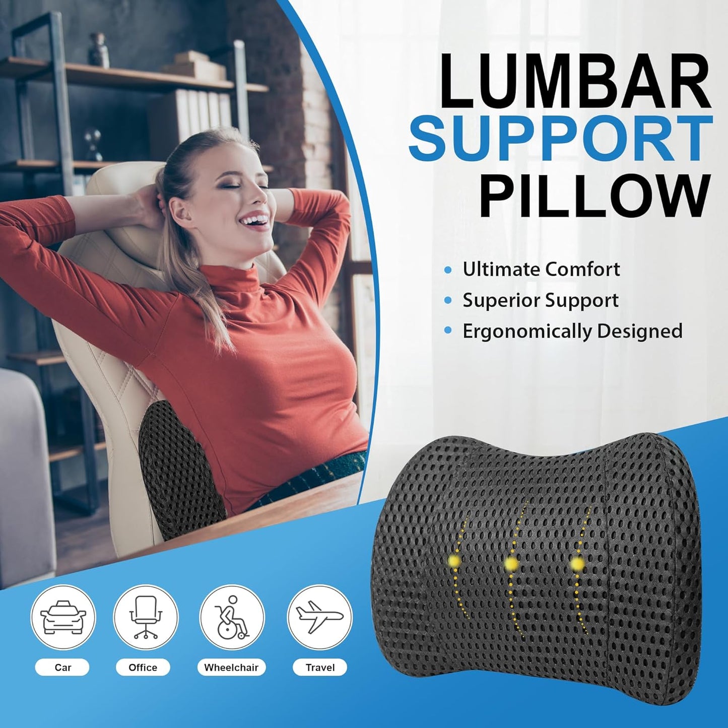 Mesh Memory Foam Lumbar Cushion Offers Comfortable Back Support and Pain Relief for Car-Office Chair, Wheelchair - Mesh Black