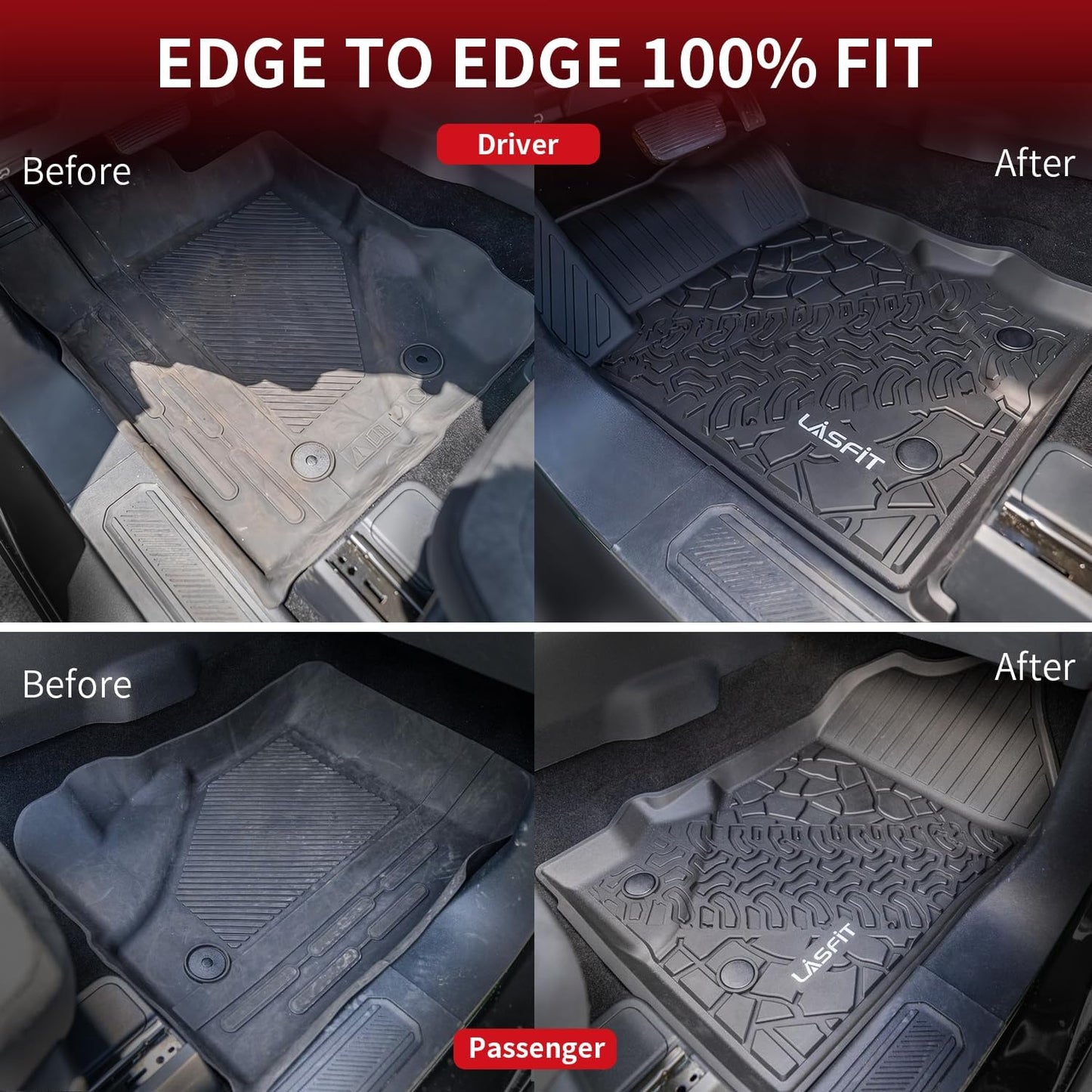 LASFIT Floor Mats for Ford Bronco 4-Door 2025 2024 2023 2022 2021(Not Fit Bronco Sport) TPE All Weather Protector Custom Fit SUV Floor Liners, 1st & 2nd Row, 3pcs Black
