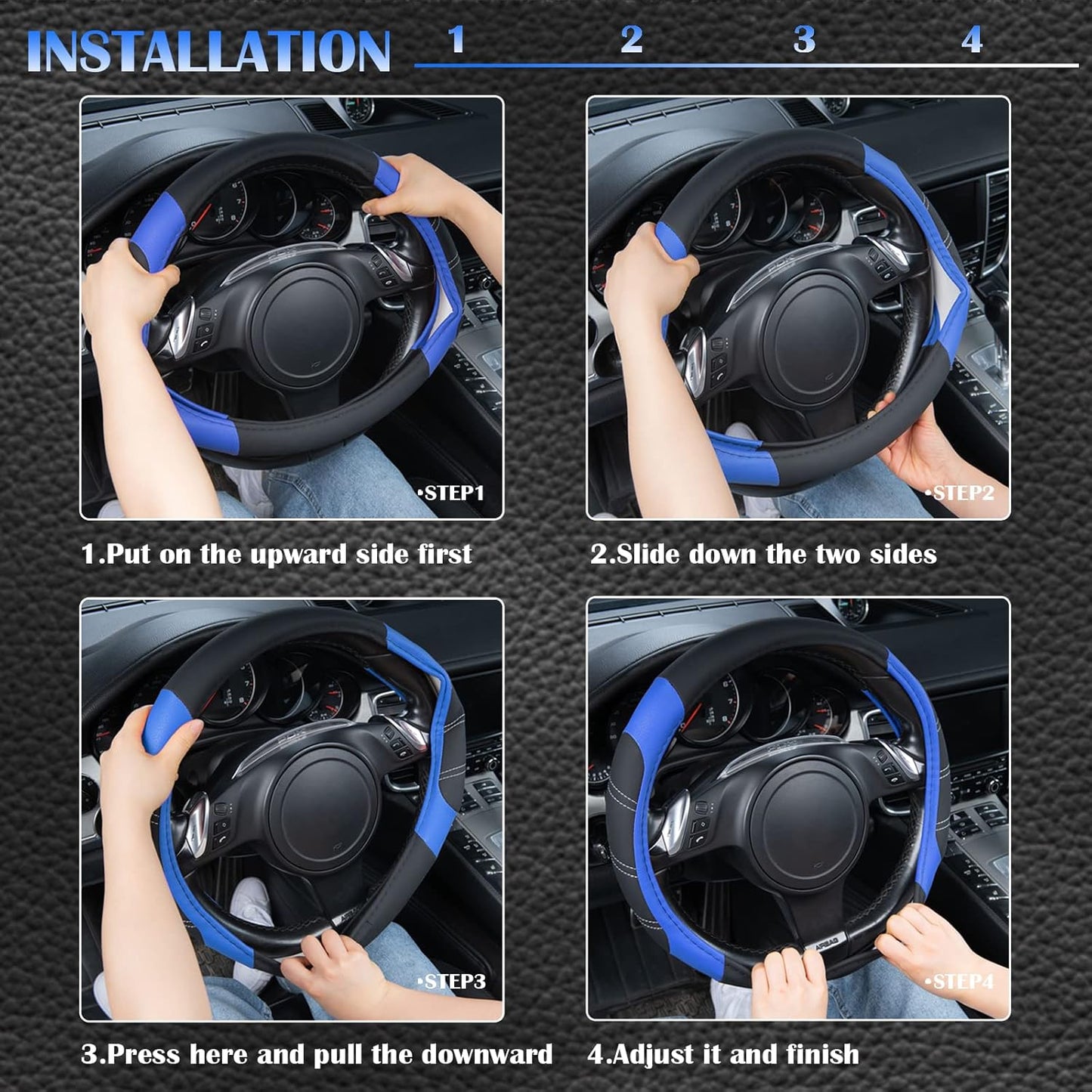 CAR PASS Line Rider Microfiber Leather Sporty Steering Wheel Cover Universal Fits for 95% Truck,SUV,Cars,14.5-15inch Anti-Slip Safety Comfortable Desgin (Black-Blue)