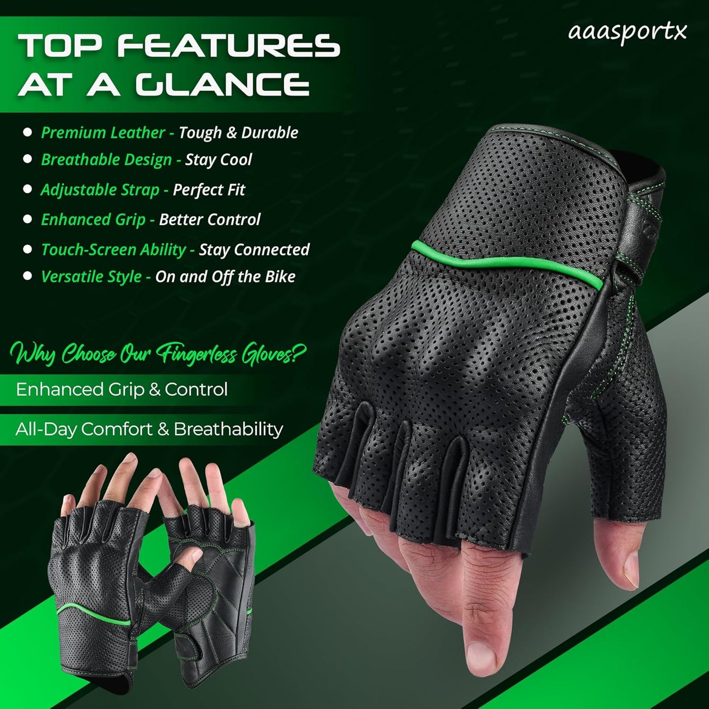 aasportx Motorcycle Gloves - Men's Leather Motorbike Gloves with Touchscreen Function - Non-Slip Pads for Men & Women