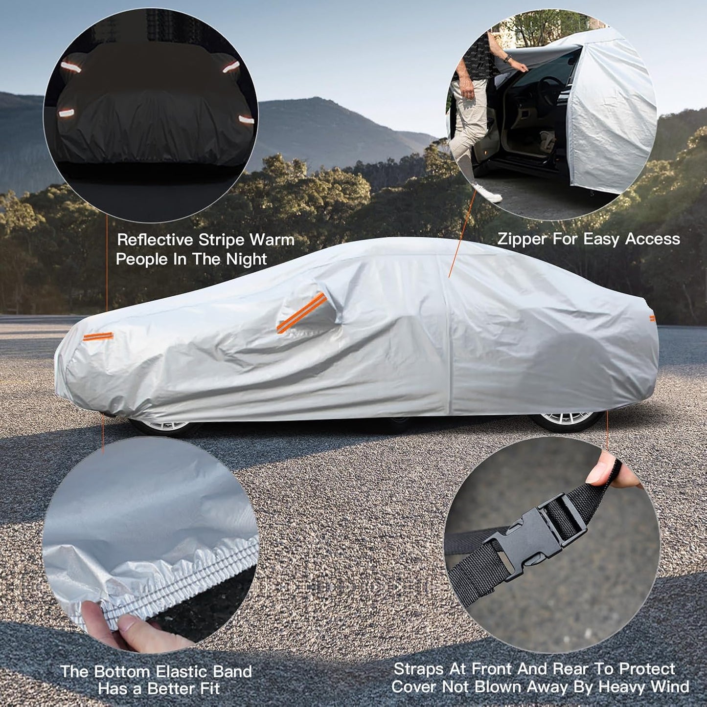 Kayme 6 Layers Car Cover Waterproof All Weather for Automobiles, Outdoor Full Cover Rain Sun UV Protection with Zipper Cotton, Universal Fit for Sedan (178-185 inch)