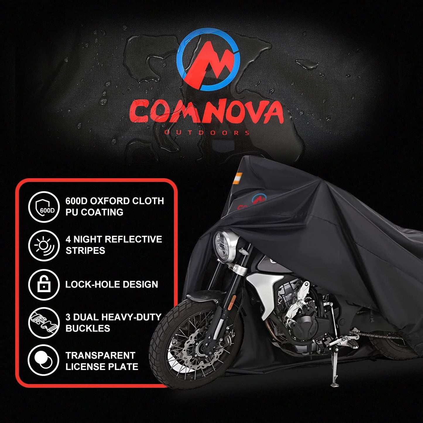 Comnova Motorcycle Cover 81 Inch - 600D Outdoor Moped Cover with Lock Hole Universal Fit, Heavy Duty & Waterproof Motor Cycle Protection for Harley, Honda, Kawasaki, Fit Up to 81" Motorcycles