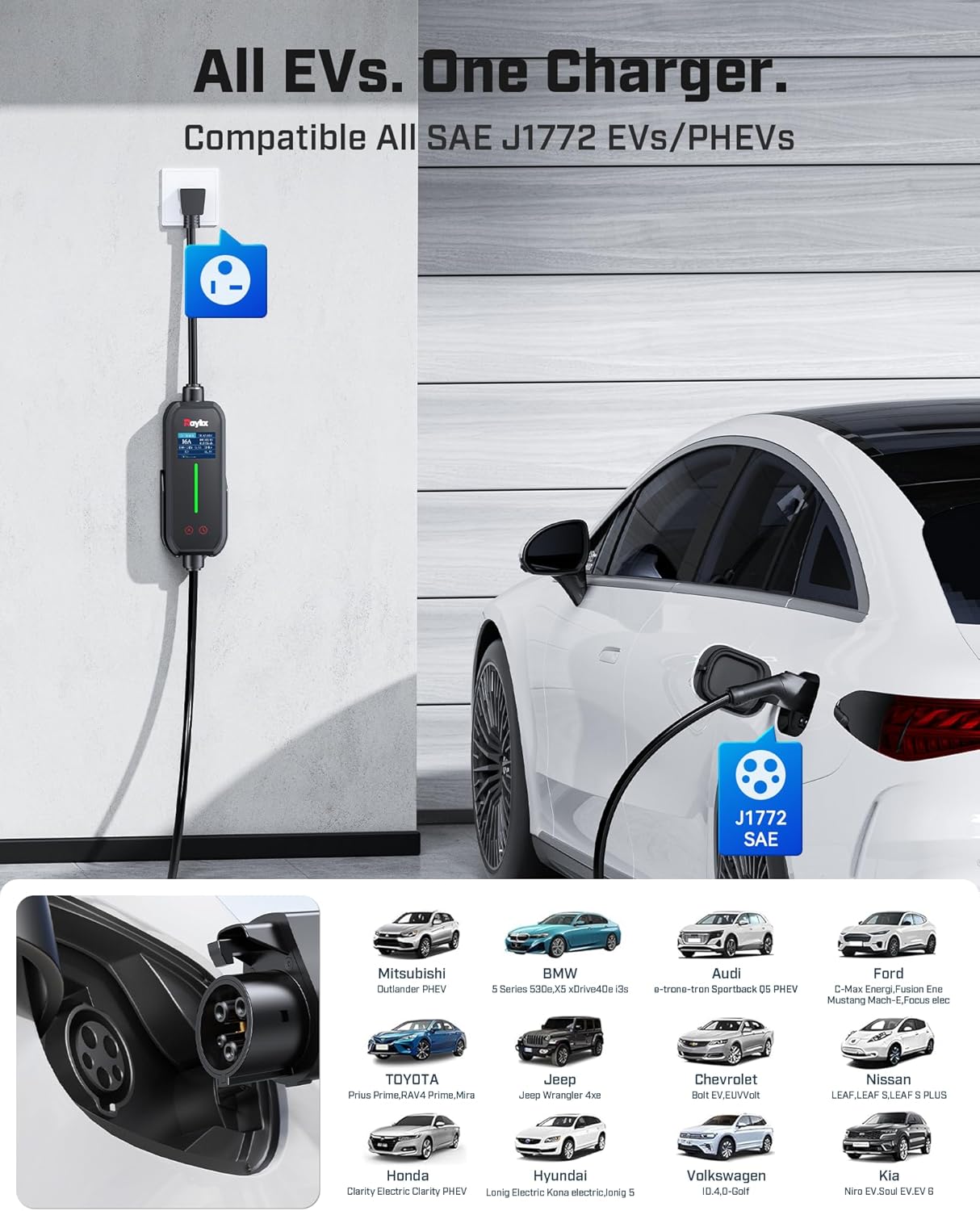 2025 Upgraded Level 1&2 Portable EV Charger, 16Amp Adjustable Current & Timer, 110V–240V, NEMA 5-15 & 6-20 Plugs, 21Ft EV Charging Cable, J1772 Electric Car Charger for All EVs/PHEVs, EV Charging Cord
