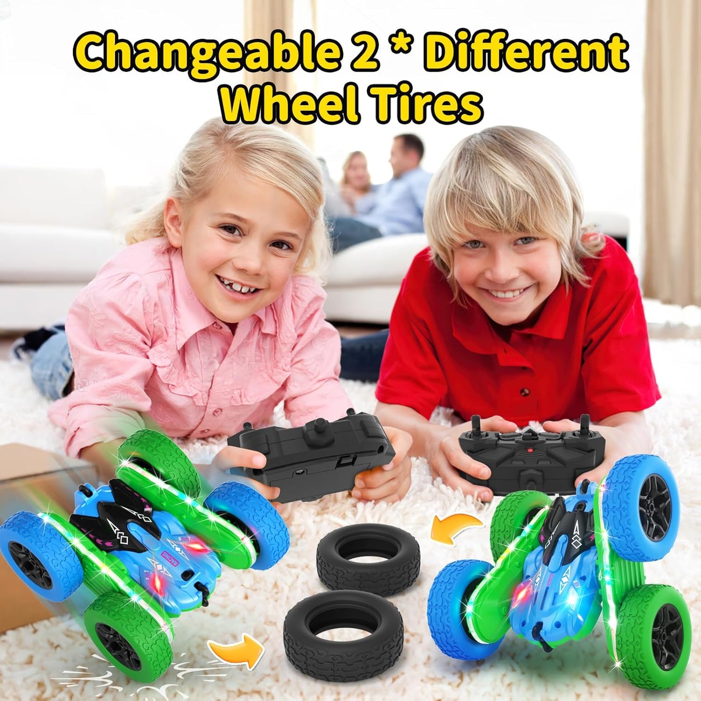 Remote Control Car, RC Cars Toys for Boys Age 5-7, RC Stunt Car Toy with Strip Lights and Headlights, 2.4 Ghz 600mAh Double-Sided 360° Rotating 4WD RC Cars, Fast Race Car Rechargeable Toy for Boys