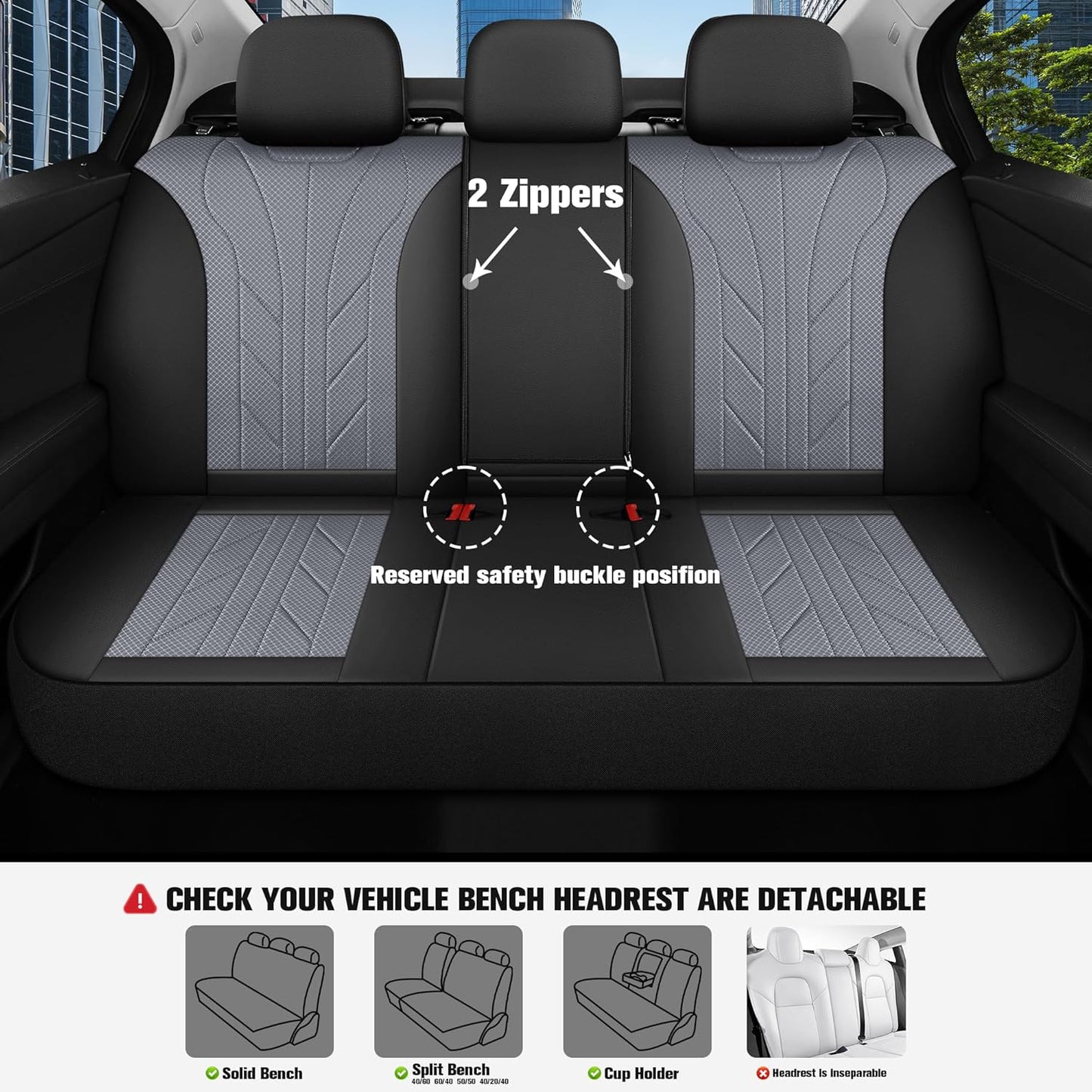 CAROMOP Luxury Faux Leather&Fabric Car Seat Covers Full Set with Breathable 3D Foam Back Support,Universal Comfortable Seat Covers for Cars,Trucks,SUVs, Front Armrests Compatible(5-Seat Black/Grey)