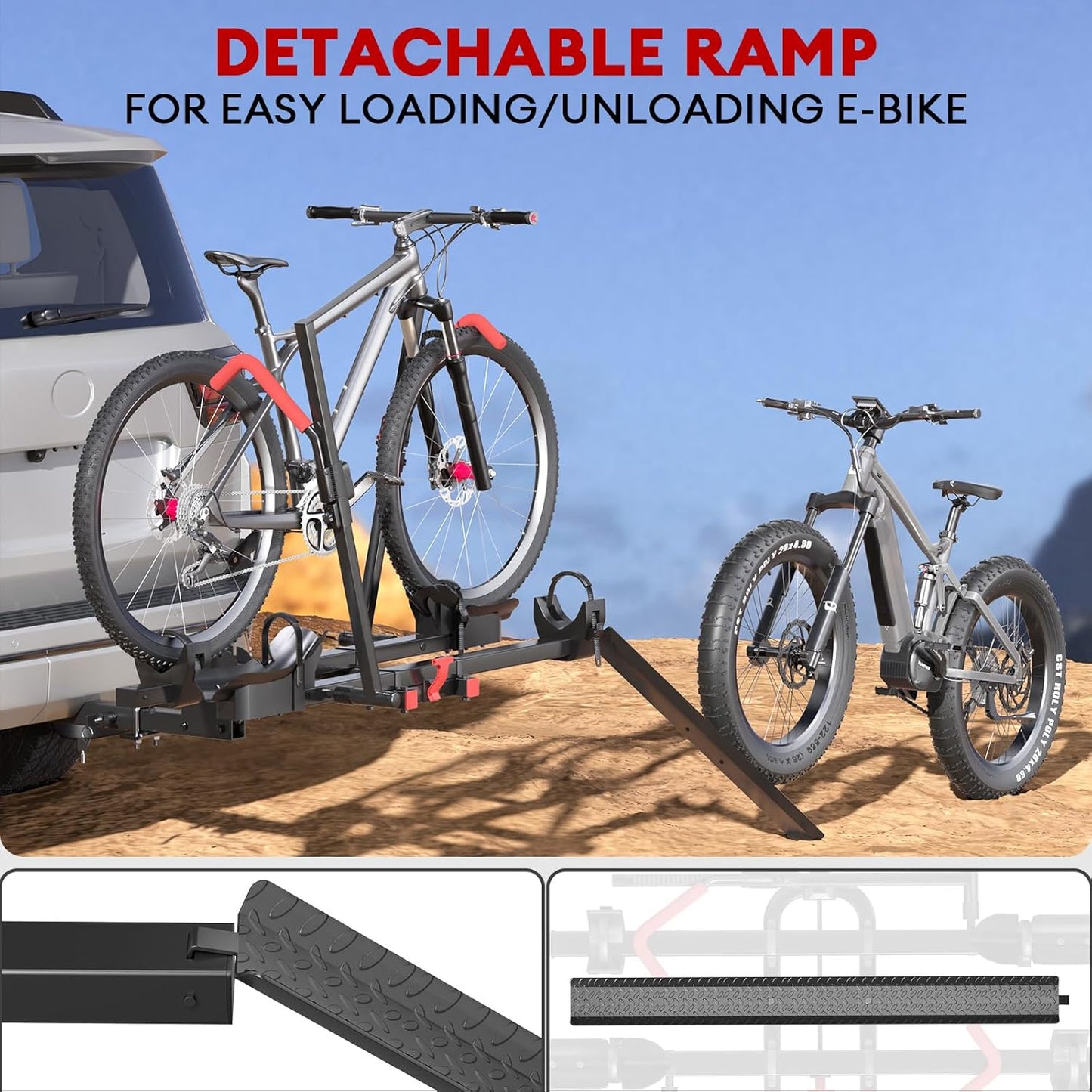 Hitch 2 EBike Rack with Ramp, 170lbs Capacity Electric Bike Carrier Foldable for 2 Heavy Ebike, Up to 5-inch Fat Tire Bicycle, 2" Receiver for Car, SUV, RV, Truck, Black